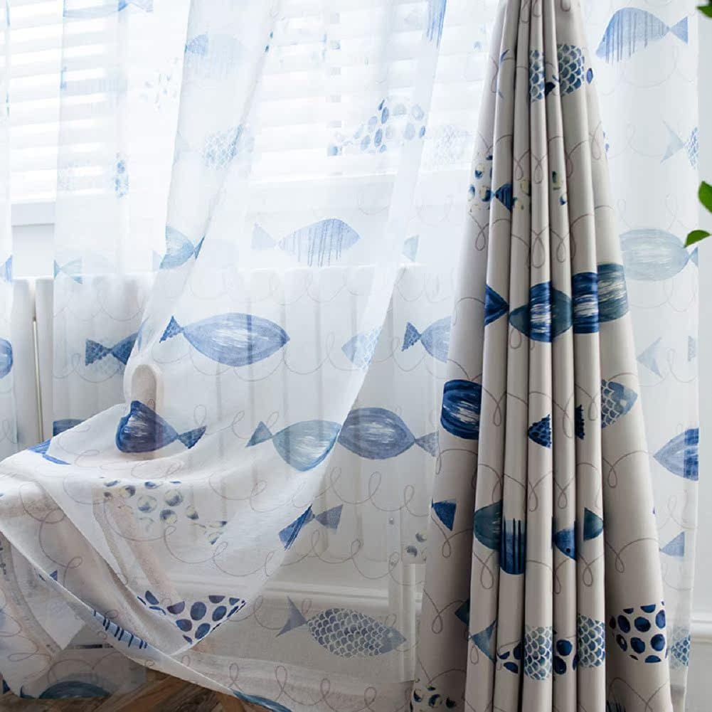 Cartoon Ocean Fish Embroidery Sheer Curtains Panel