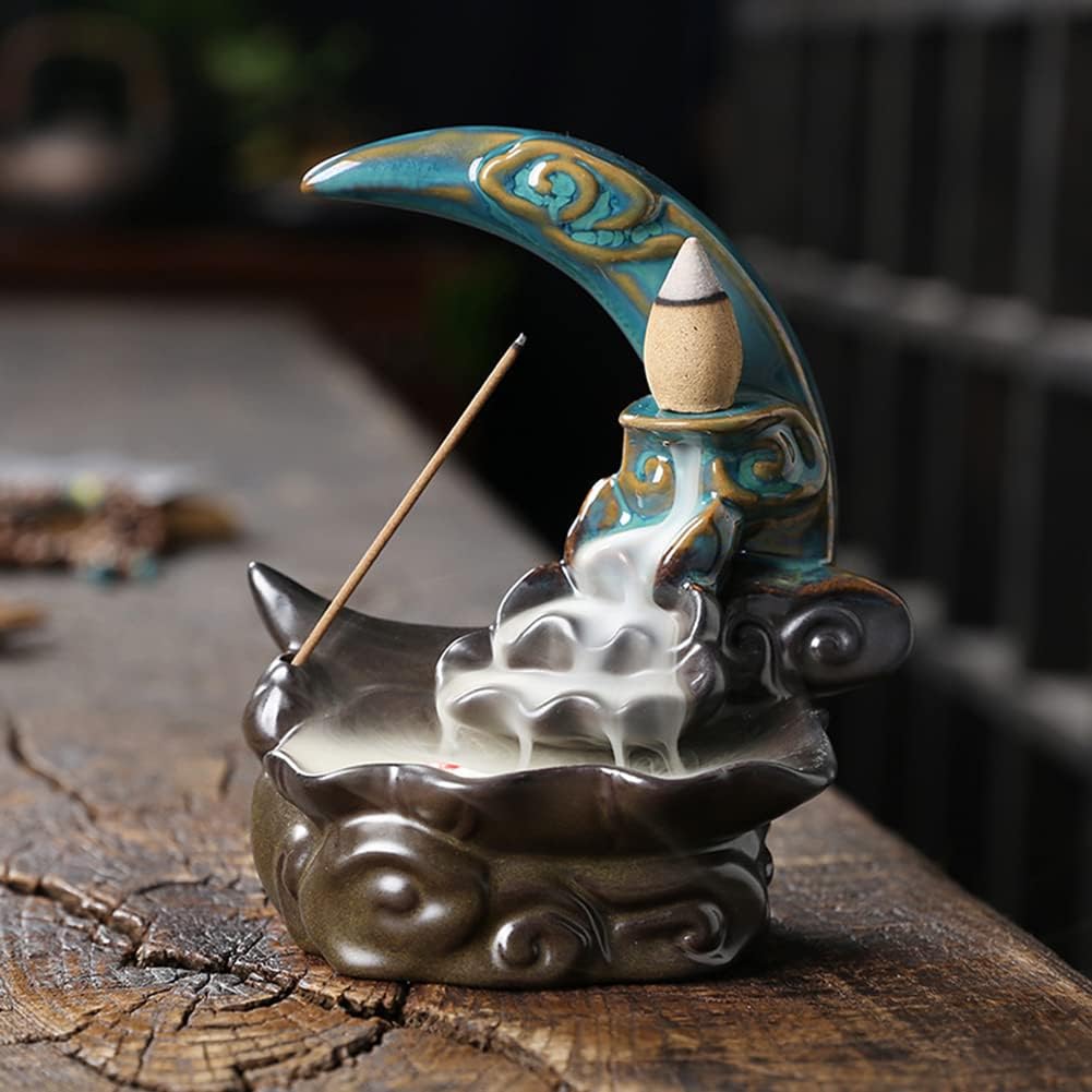 Direkame Moon Ceramic Incense Burner with 30 Cones and Sticks