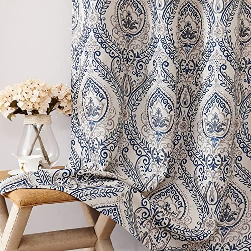 Vangao Damask Curtains 2 Panels 63 Inch Blue on Beige