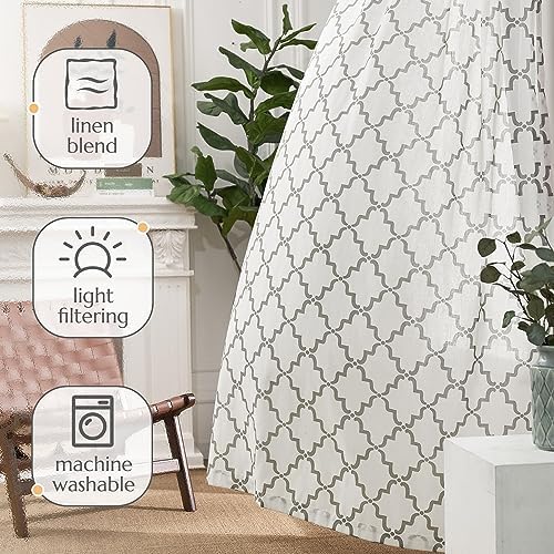 Jinchan Linen Curtains Moroccan Trellis Print Grey 2 Panels Rod Pocket