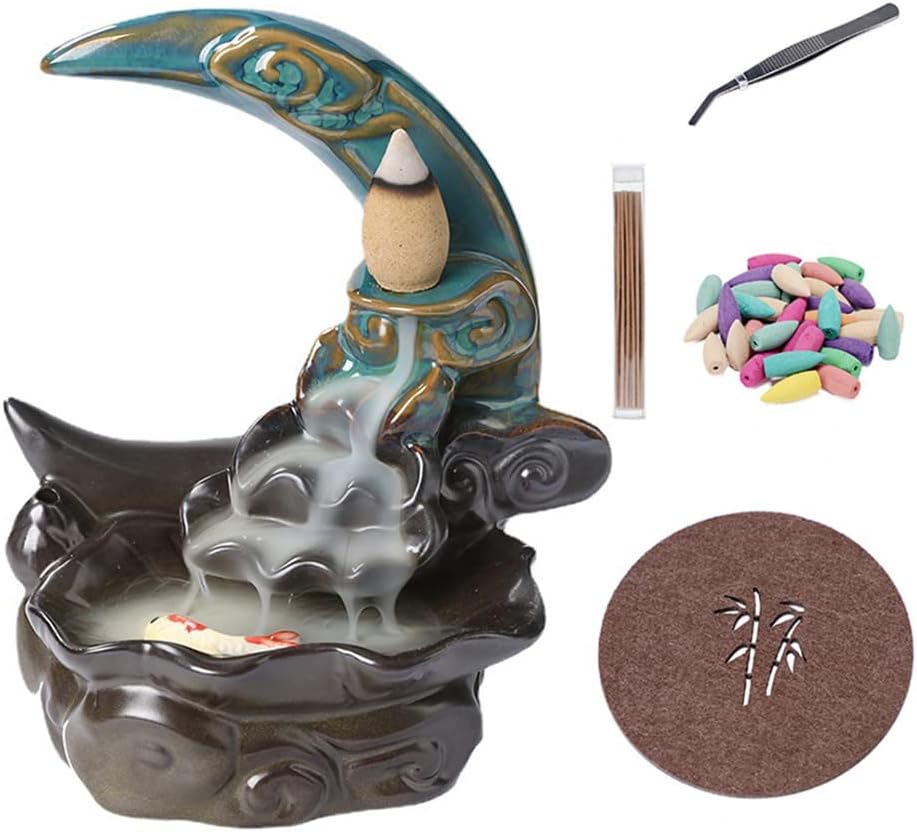 Direkame Moon Ceramic Incense Burner with 30 Cones and Sticks
