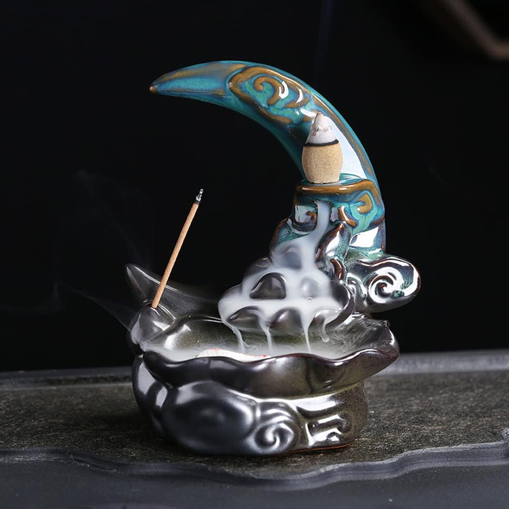 Direkame Moon Ceramic Incense Burner with 30 Cones and Sticks