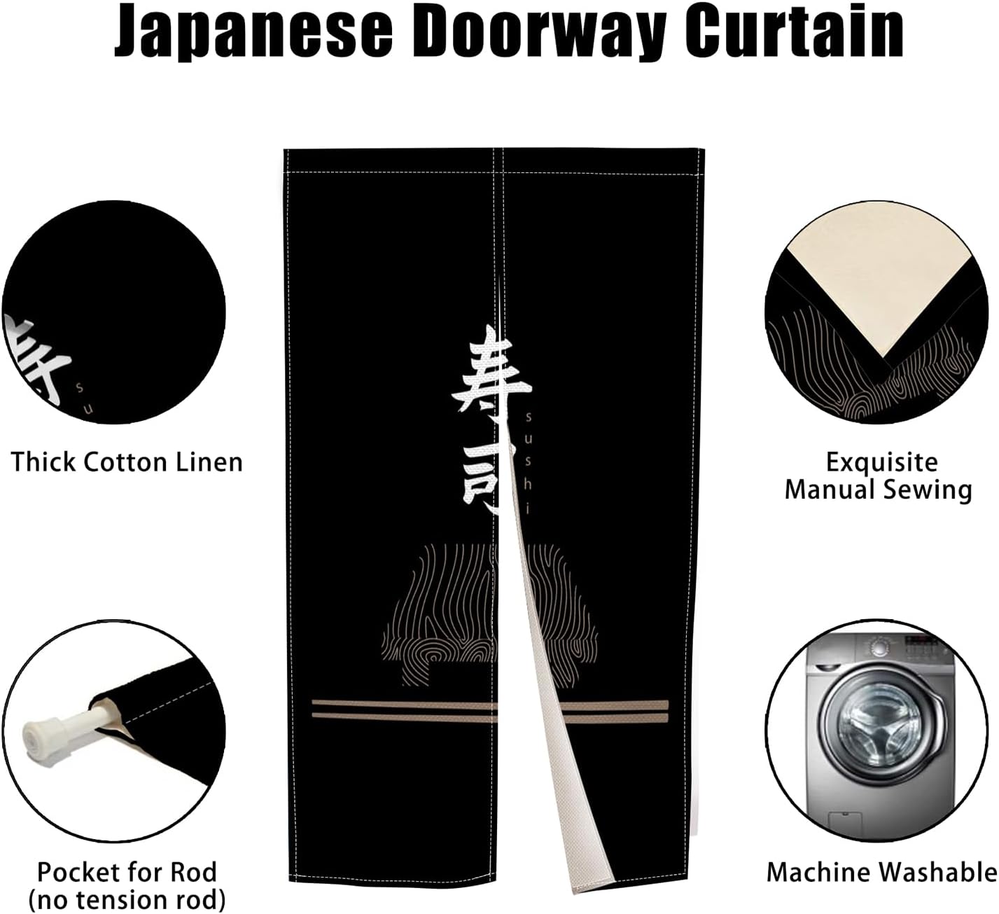 Traditional Japanese Style Door Curtain Black Sushi Pattern