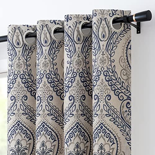 Vangao Damask Curtains 2 Panels 63 Inch Blue on Beige