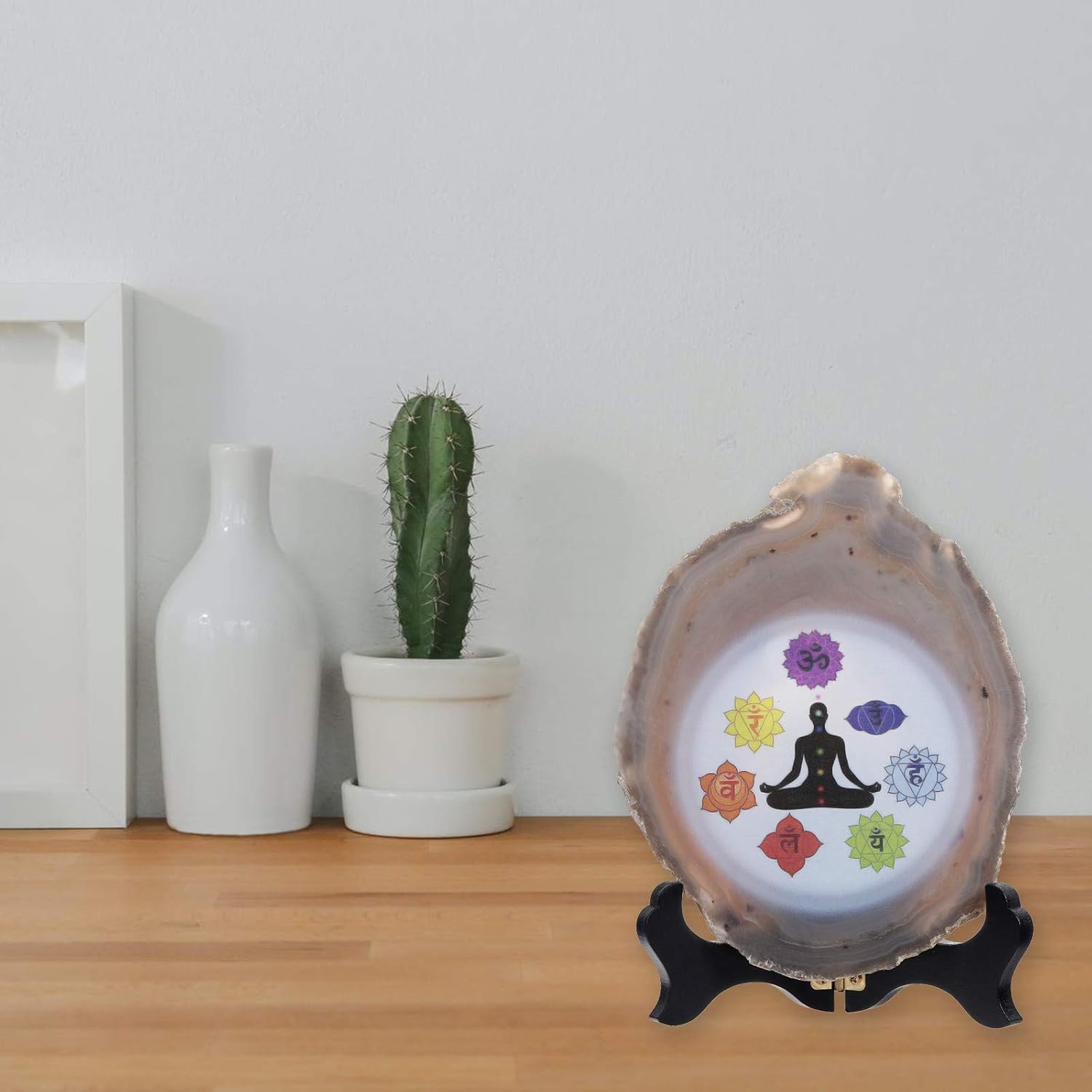 Rockcloud 7 Chakra Agate Slab Display with Wooden Stand