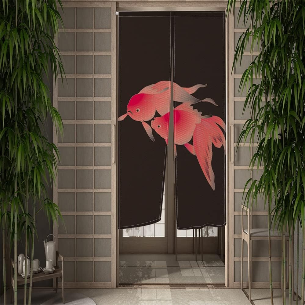 Leowefowa Traditional Japanese Noren Curtain 34x60 Inch Koi Fish Black