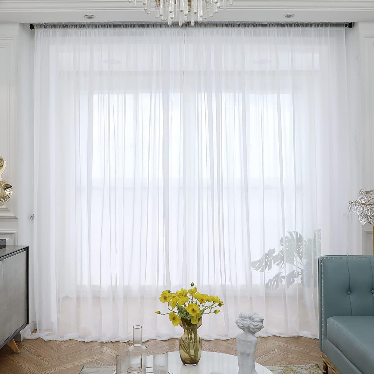 ABCHOME White Sheer Curtains 2 Panels 160 Inch Long Rod Pocket Voile Curtains
