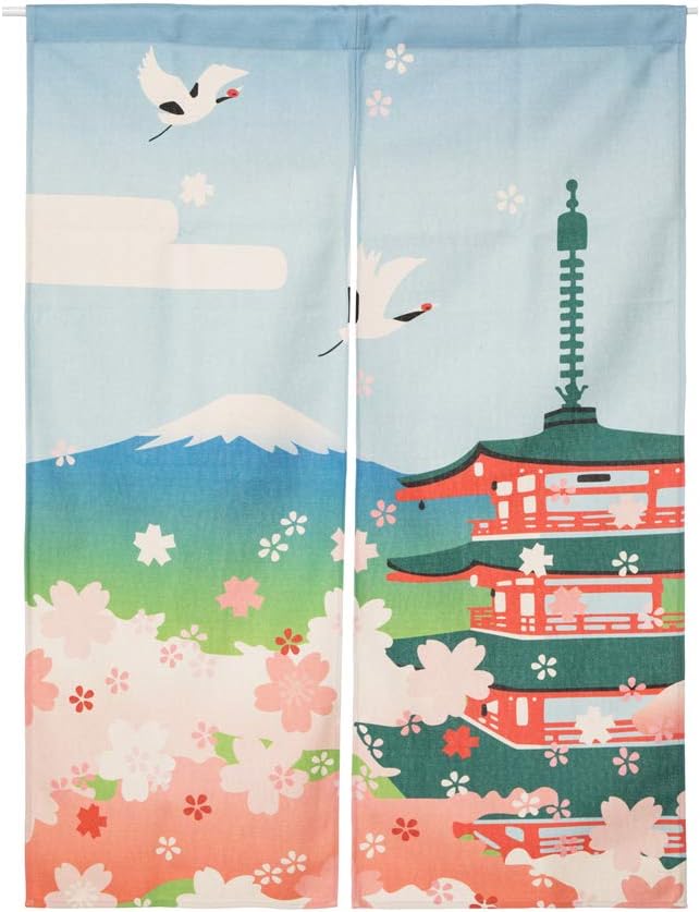Cotton Linen Japanese Noren Door Curtain with Hokusai Temple Design