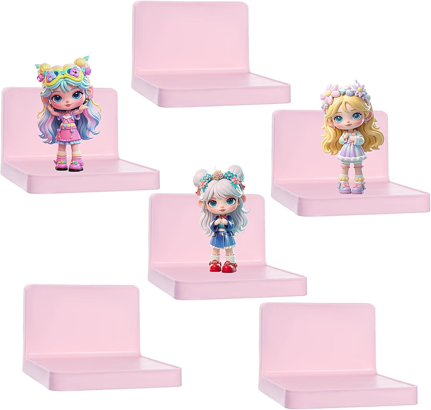 Set of 6 Small Floating Wall Shelves in Pink