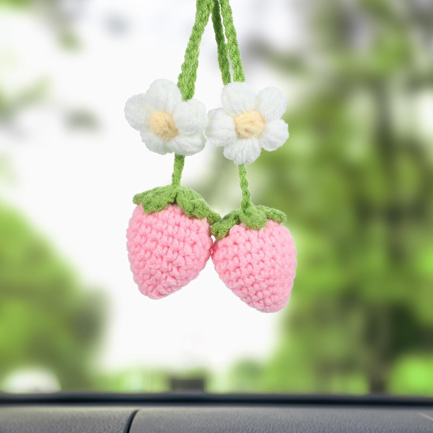2 Pack Crochet Strawberry Flower Car Hanging Ornaments for Women
