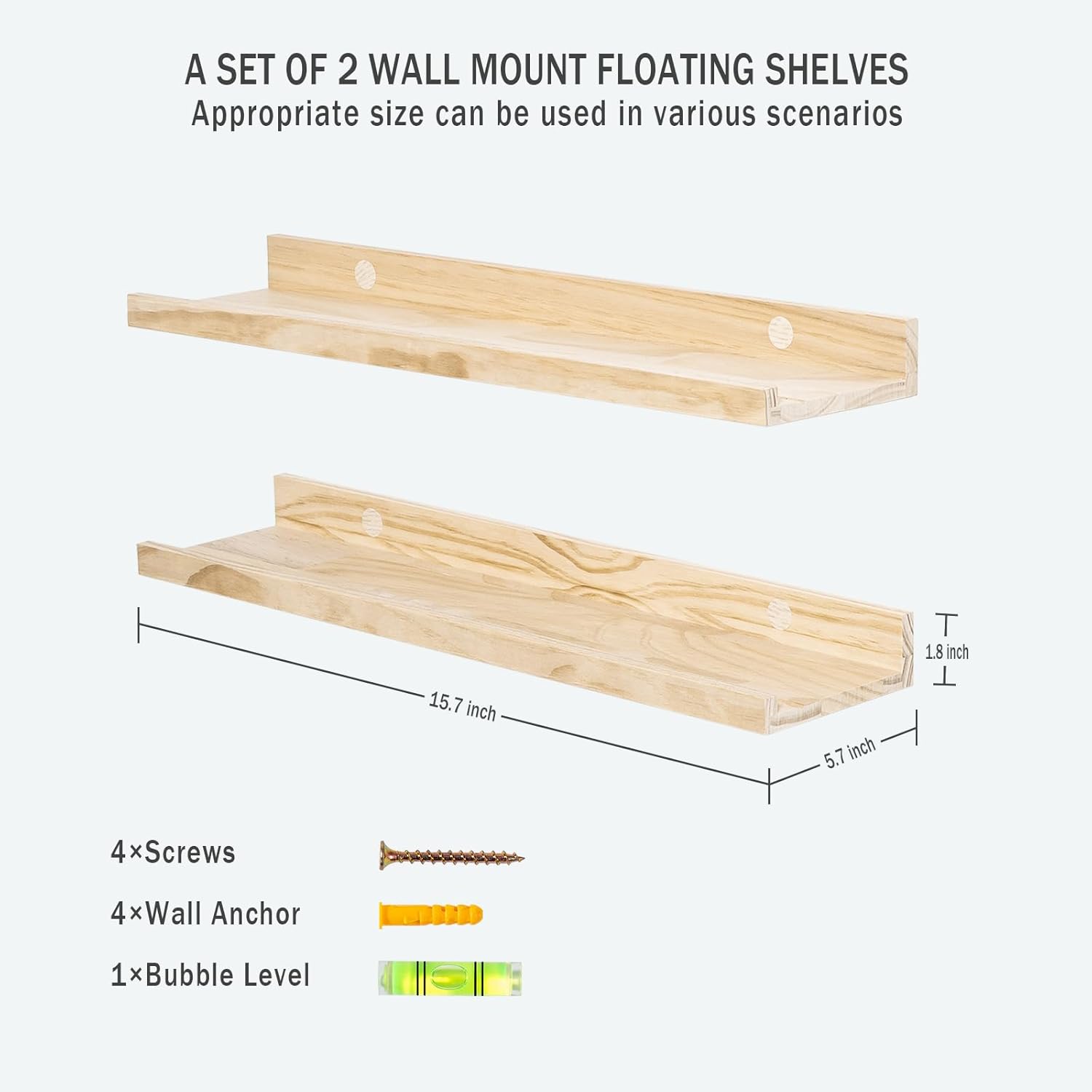 AZSKY Floating Shelves Set 2 Natural Wood Wall Mount Bookshelf