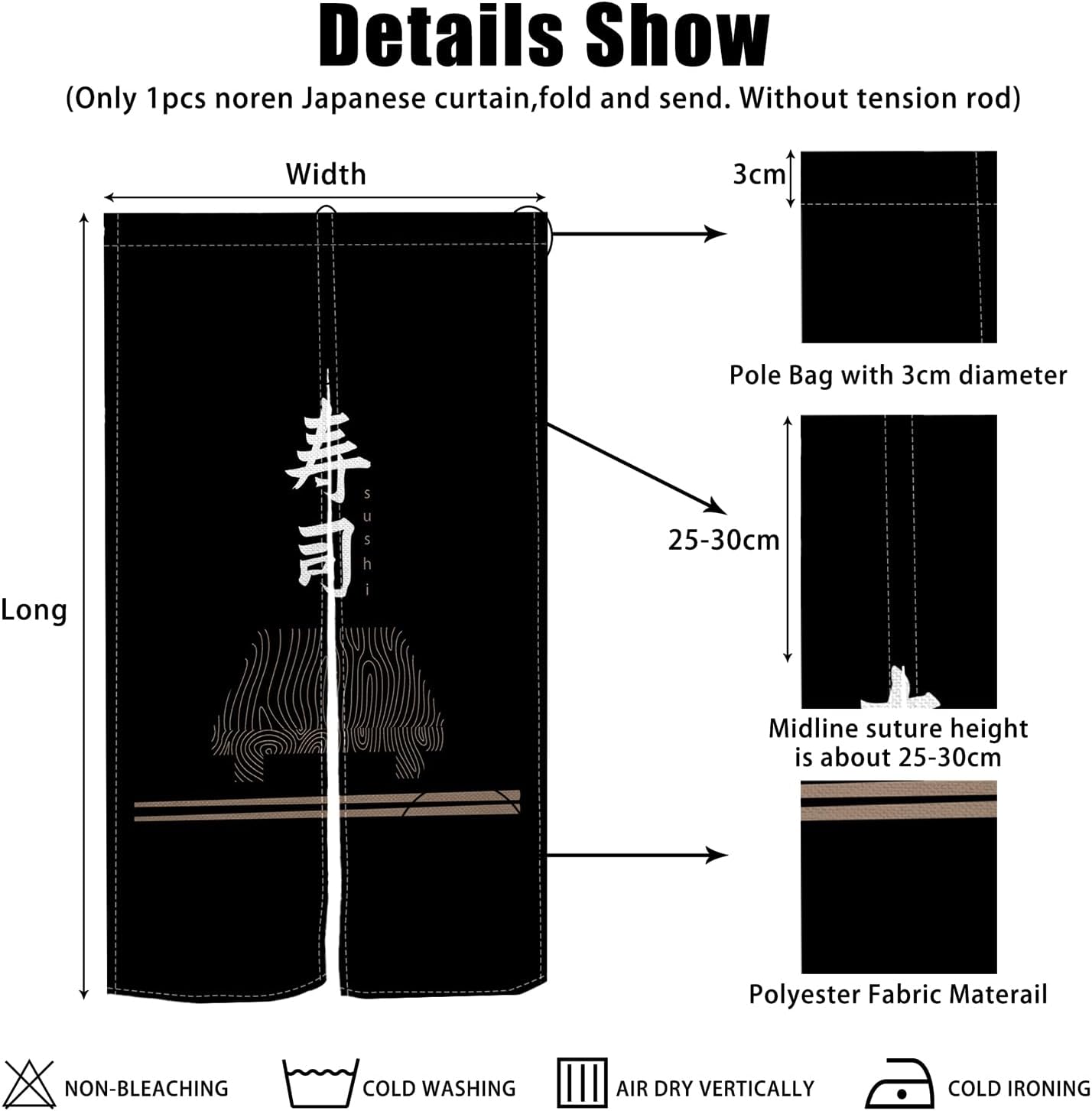 Traditional Japanese Style Door Curtain Black Sushi Pattern