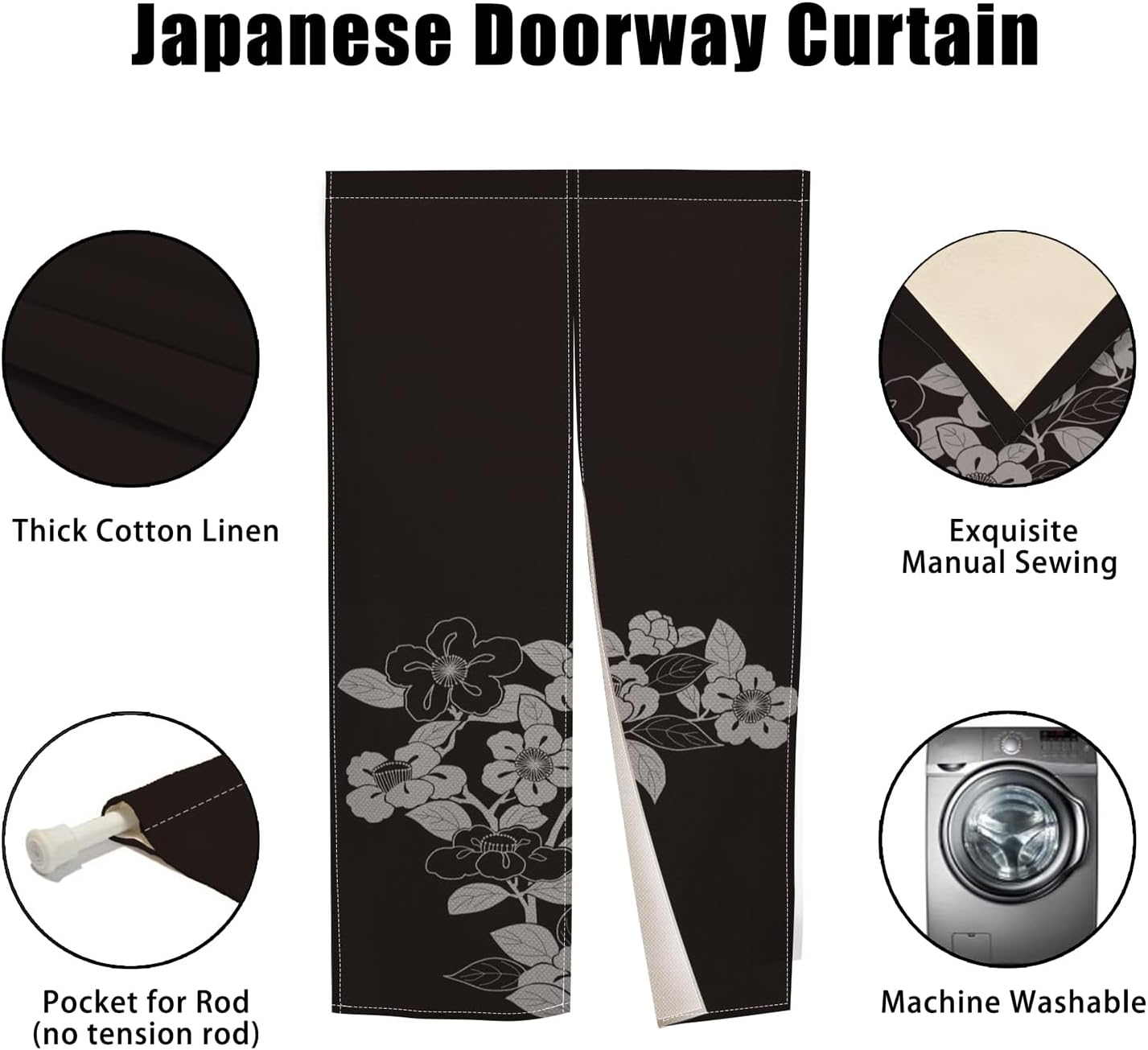 Japanese Door Curtain with Blooming Flowers Design
