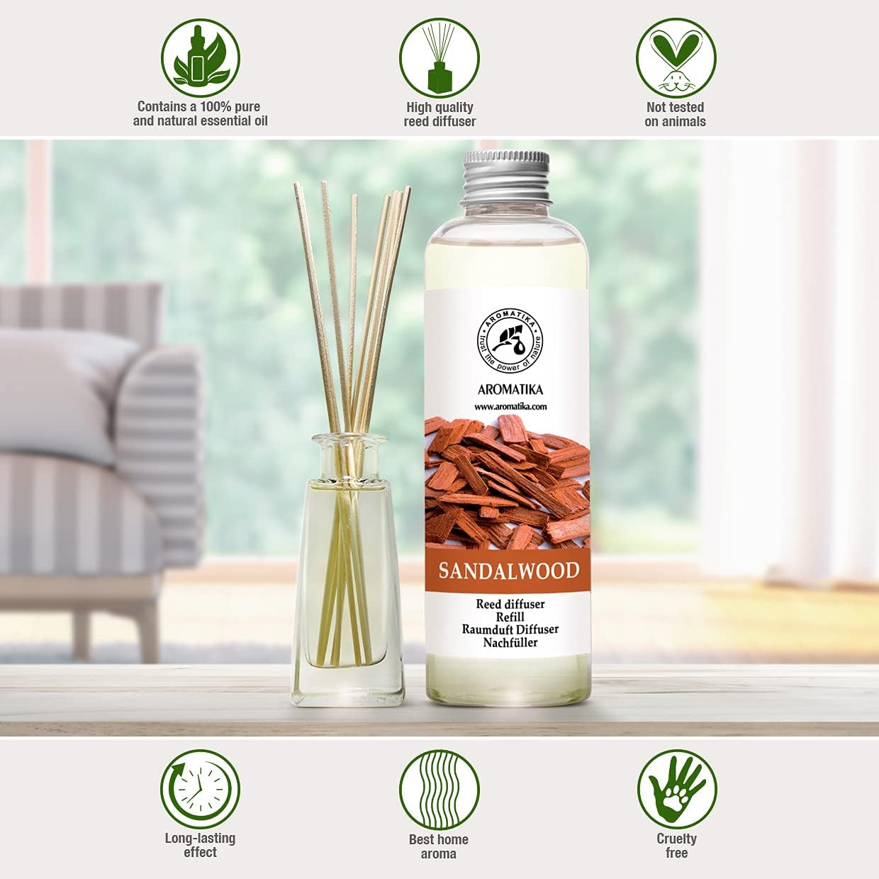 Sandalwood Reed Diffuser Refill 200ml - Natural Home Fragrance