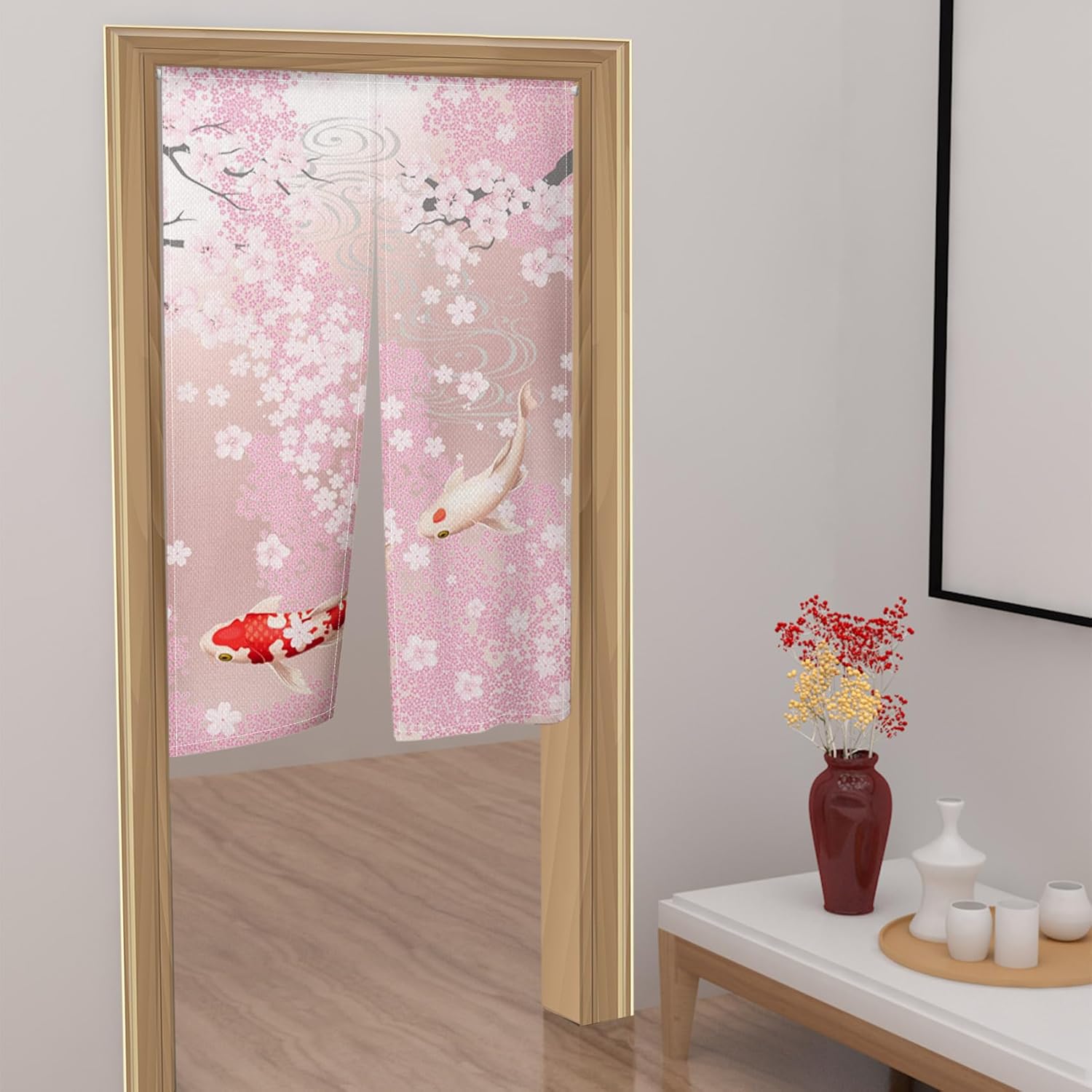 Leowefowa Pink Cherry Blossom Noren Curtain Panel