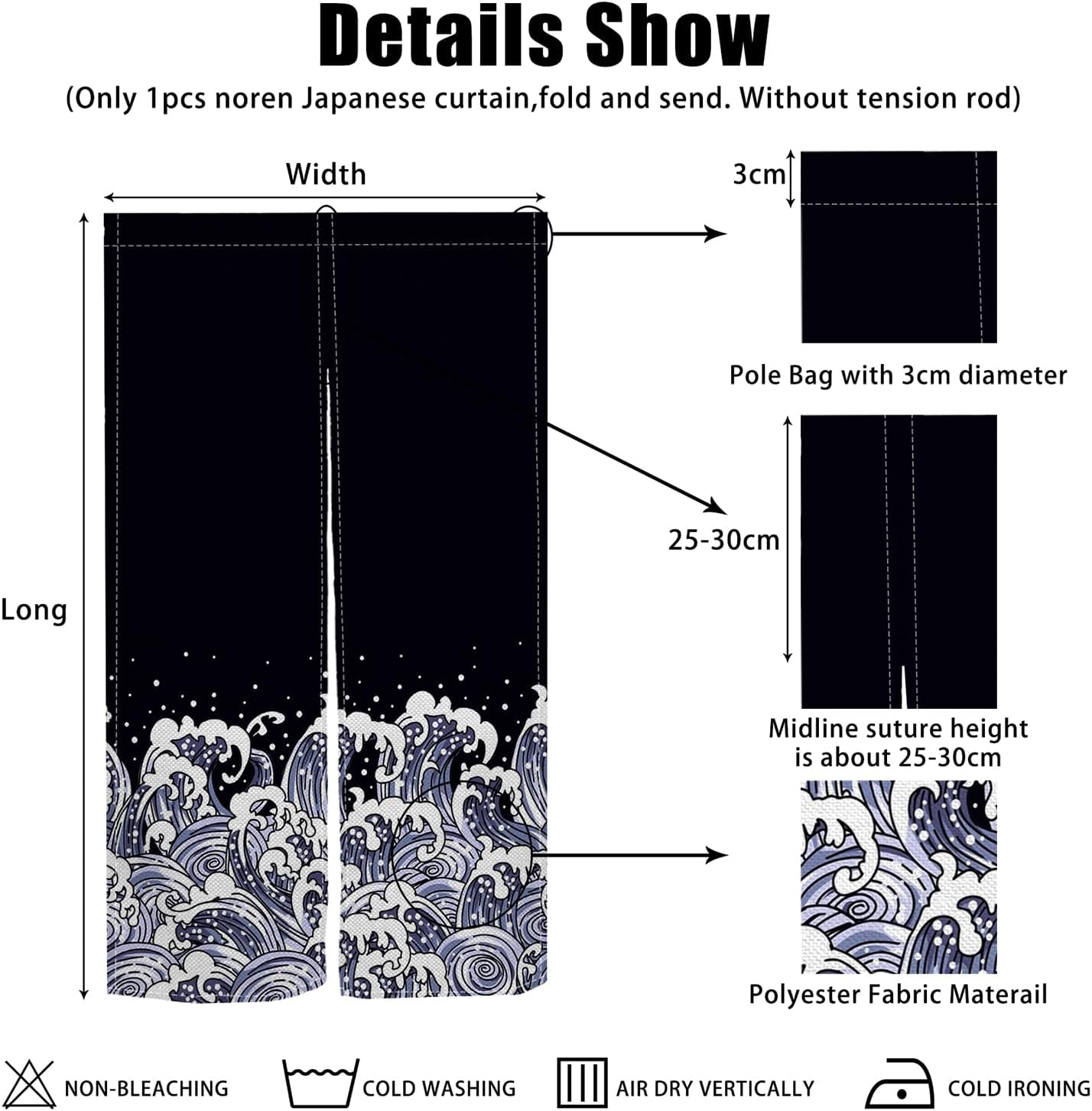 Noren Doorway Curtain Navy Blue Waves Pattern Panel