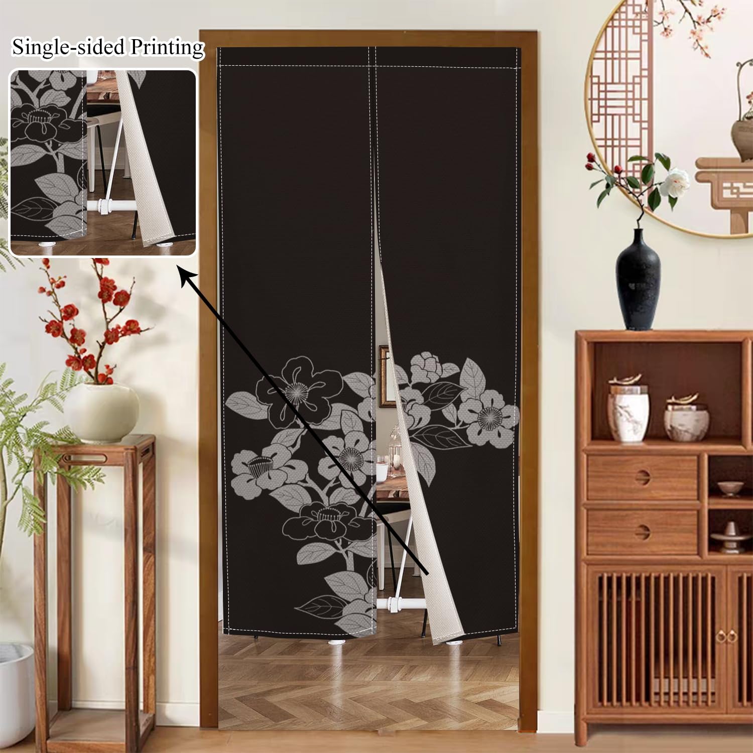 Japanese Door Curtain with Blooming Flowers Design