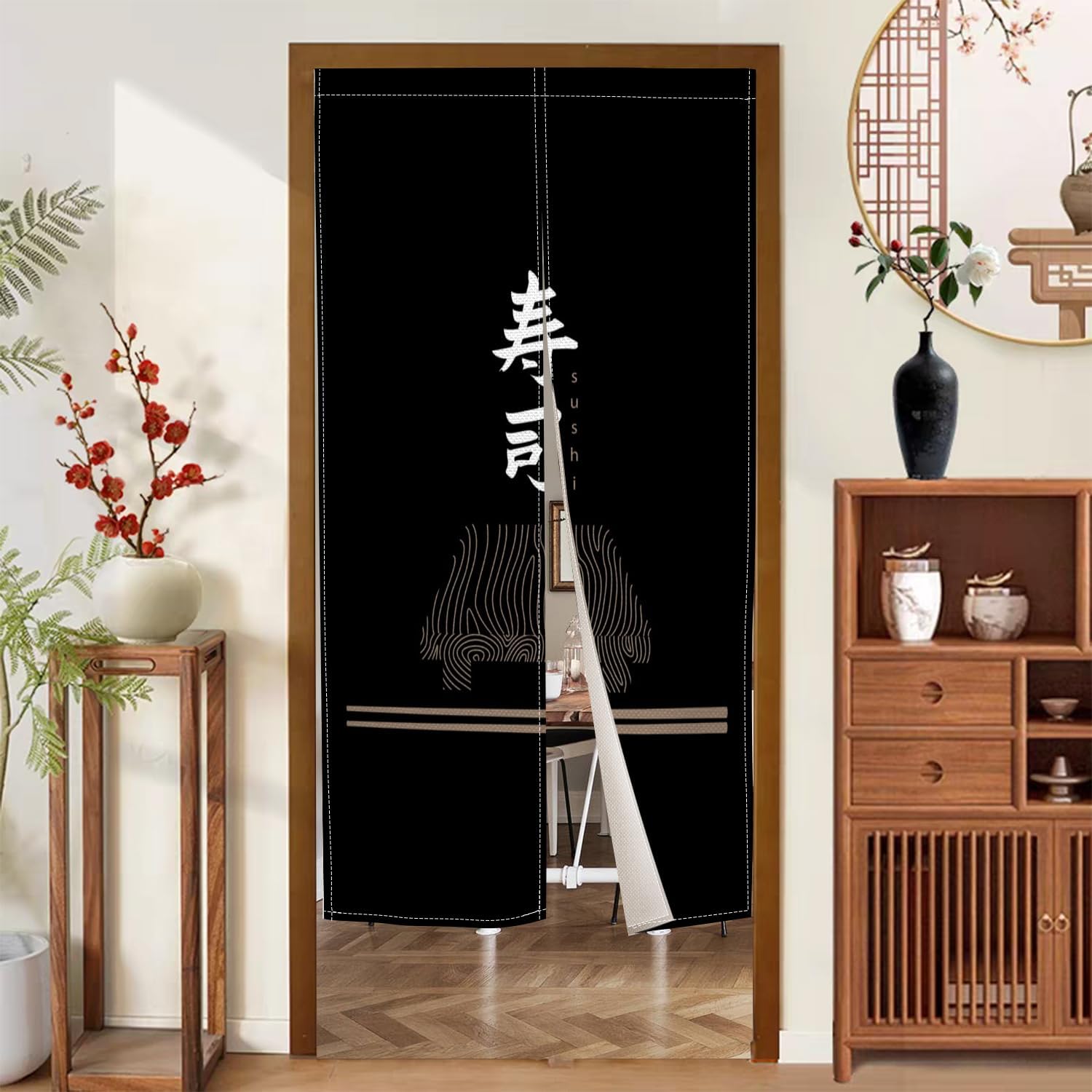 Traditional Japanese Style Door Curtain Black Sushi Pattern