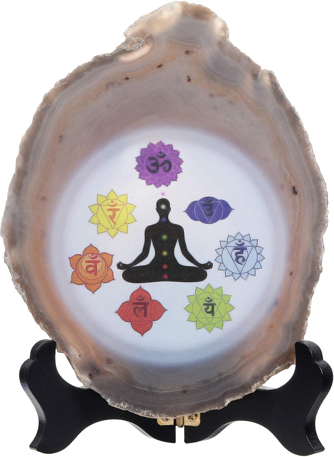 Rockcloud 7 Chakra Agate Slab Display with Wooden Stand