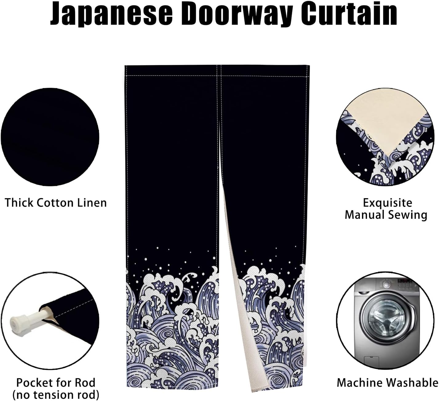 Noren Doorway Curtain Navy Blue Waves Pattern Panel