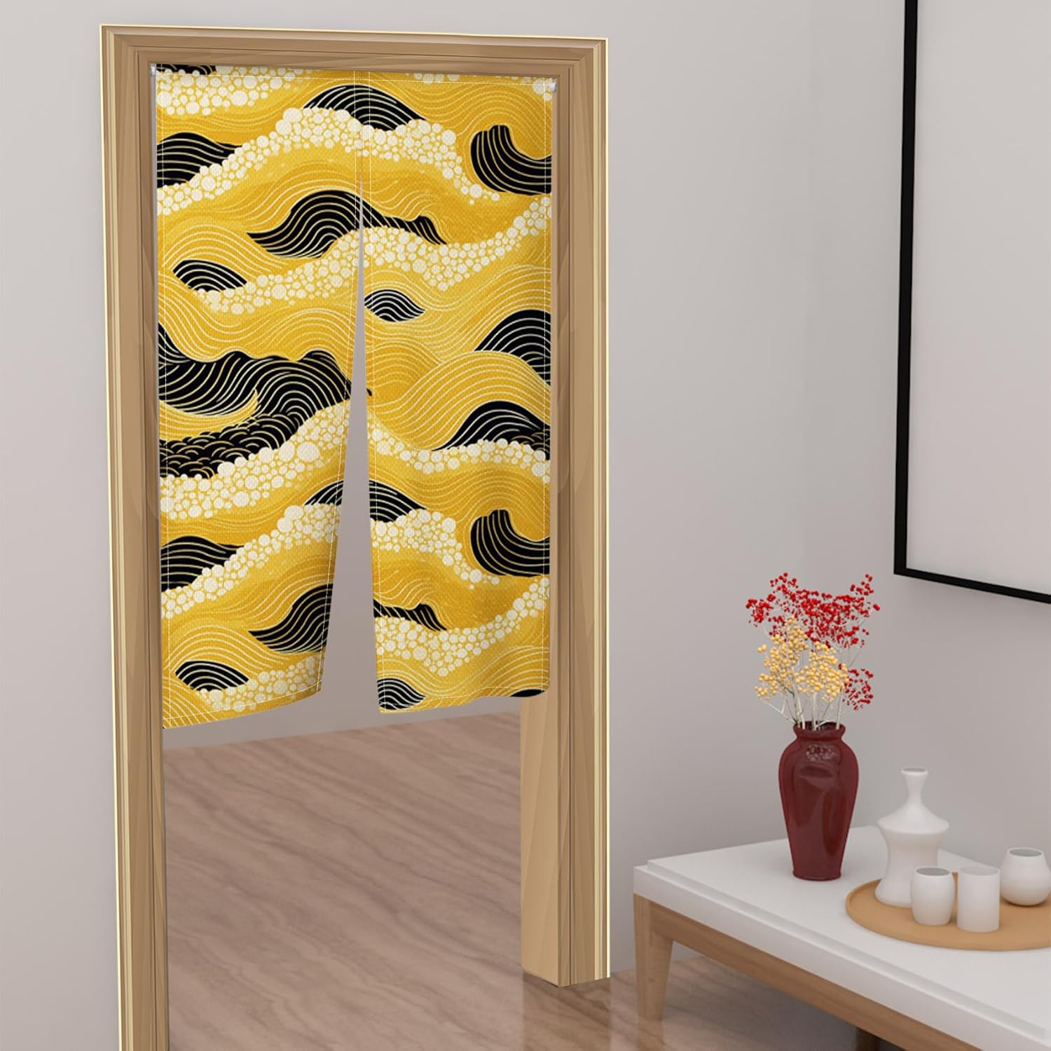Leowefowa Japanese Noren Curtain with Gold and Black Great Wave Design