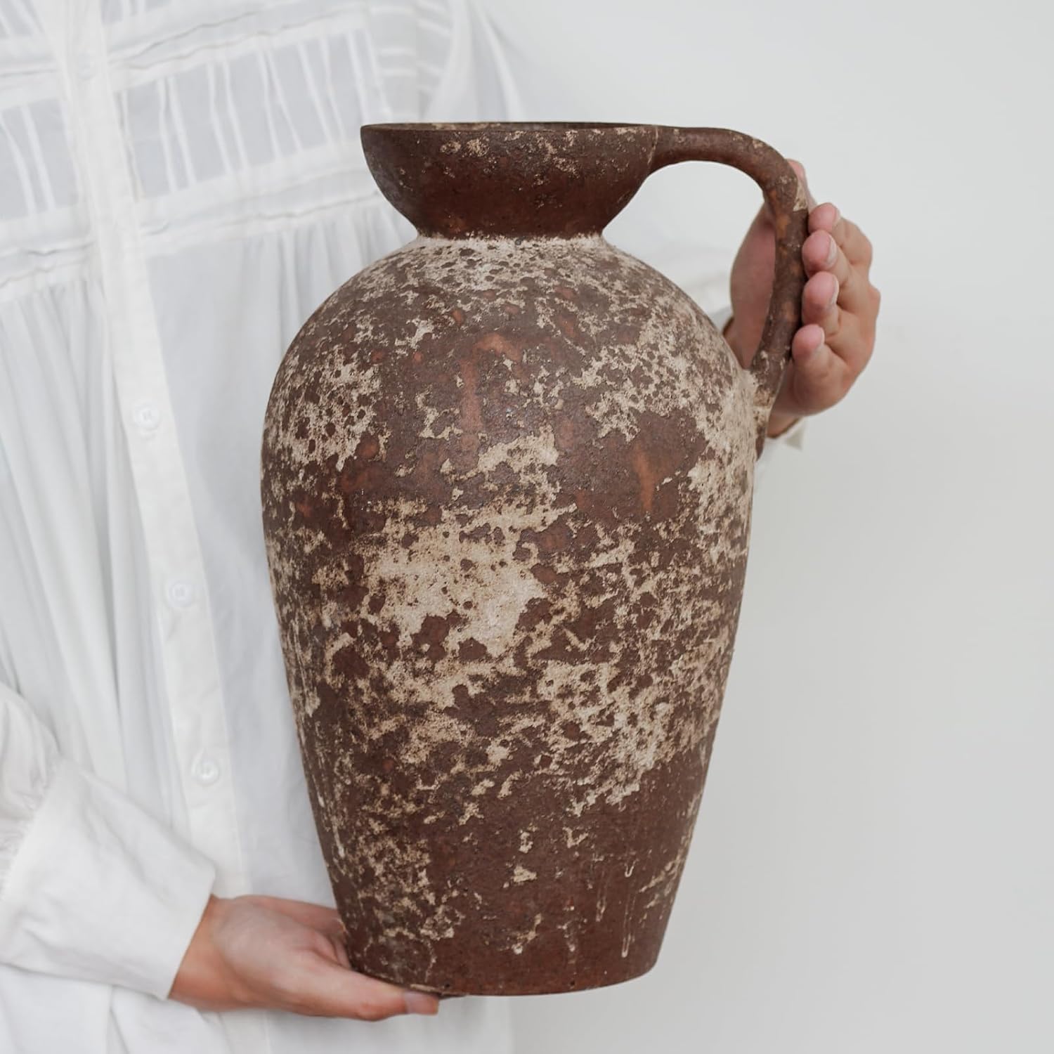 Brown Ceramic Rustic Farmhouse Vase with Handle