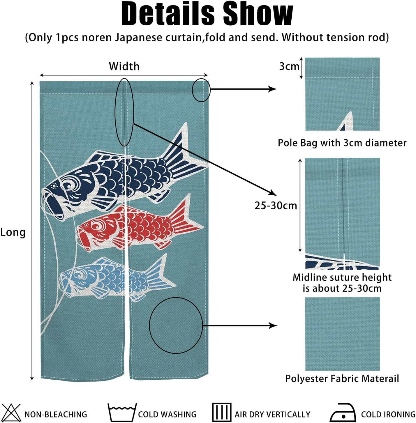 Traditional Long Style Japanese Noren Door Curtain with Blue Fishes Print
