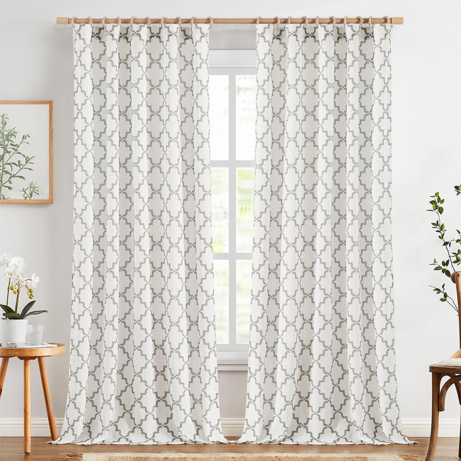 Jinchan Linen Curtains Moroccan Trellis Print Grey 2 Panels Rod Pocket