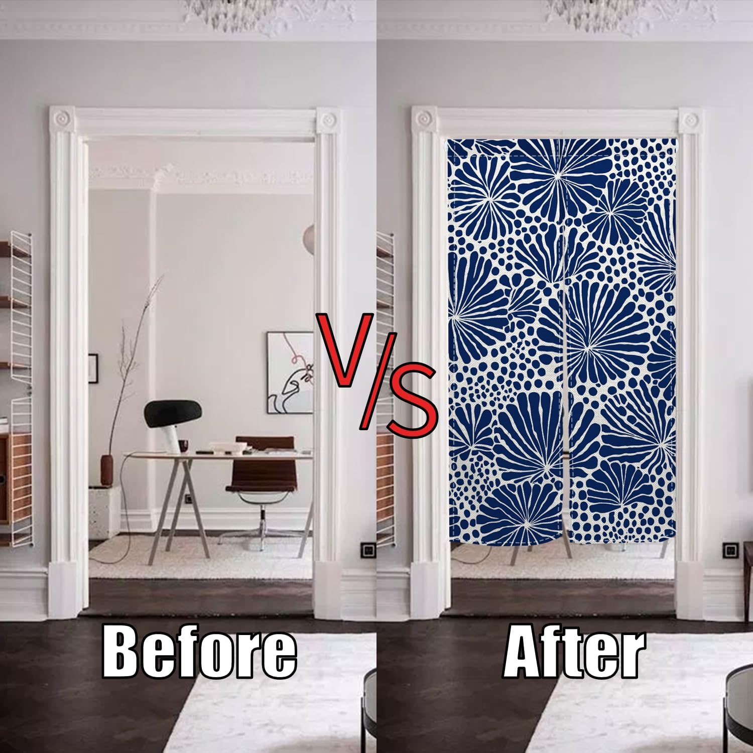 Japanese Noren Door Curtain Blue Floral Pattern
