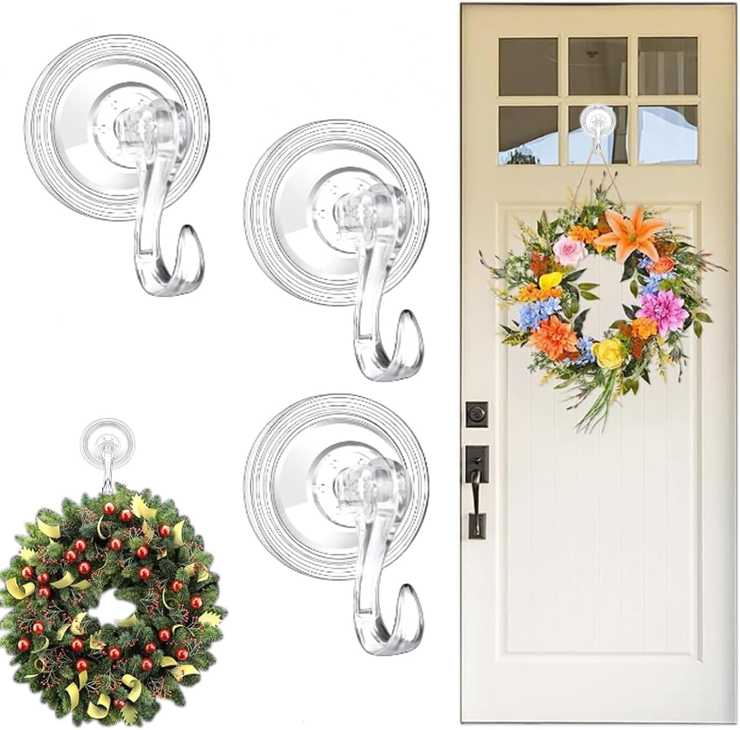 3 Pack Heavy Duty Clear Suction Wreath Hanger Hooks