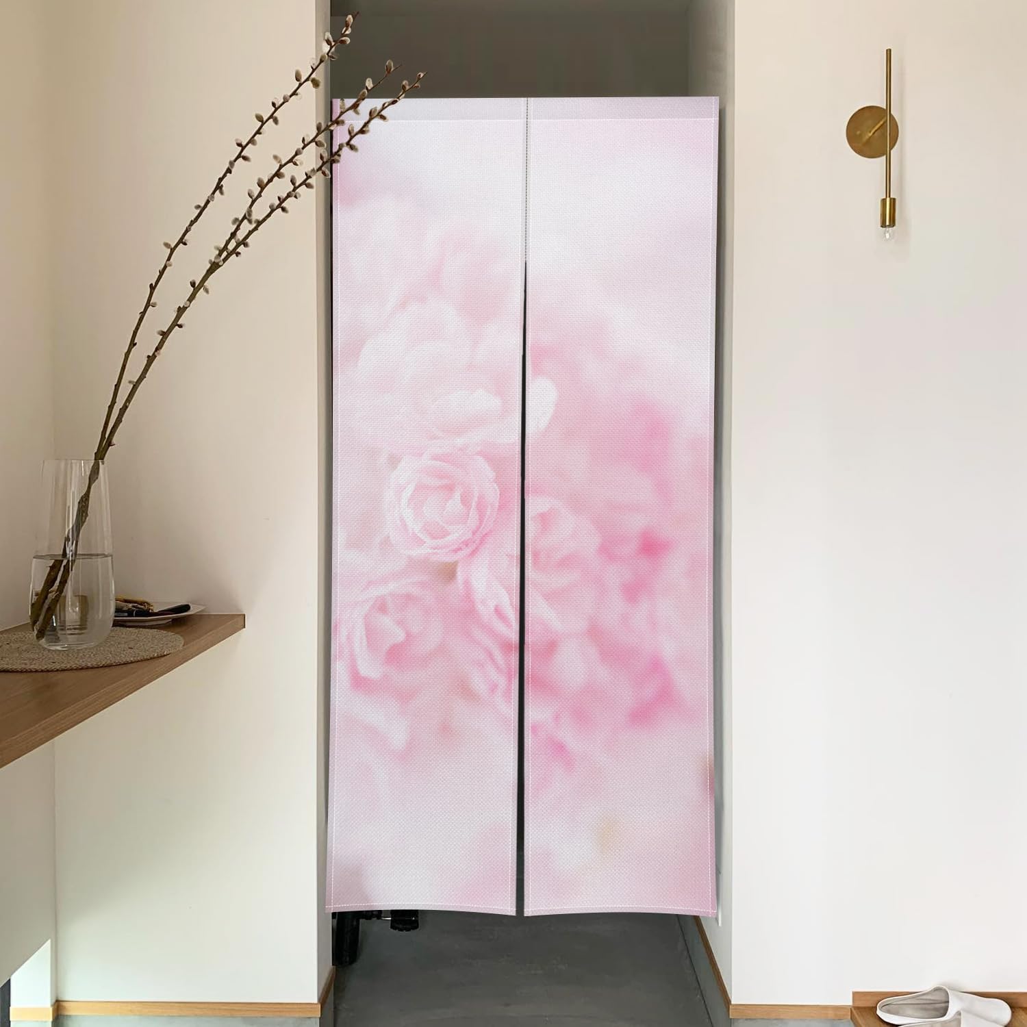 Japanese Style Noren Door Curtain Pink Bloomy Flowers 34x60