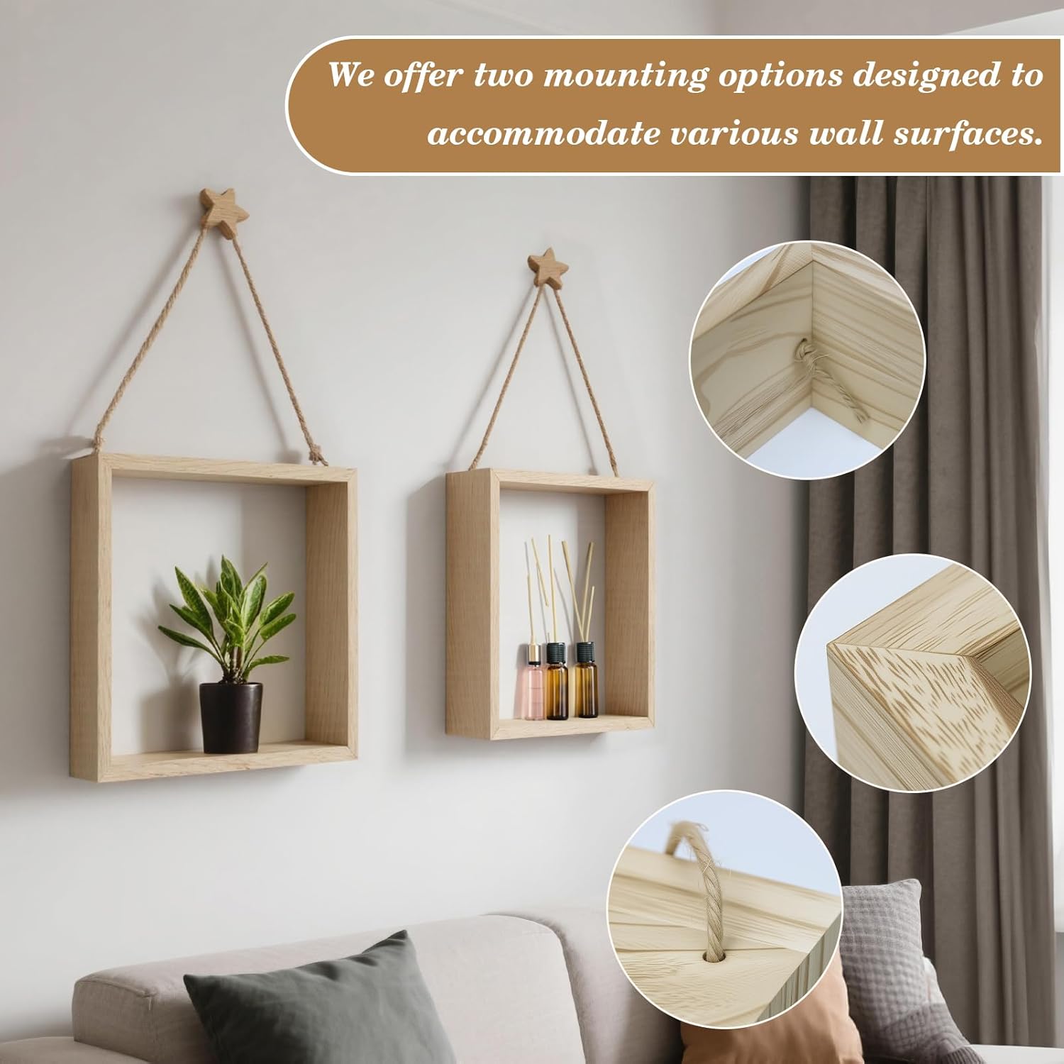 Square Floating Shelves Set of 2 - Natural Paulownia Wood