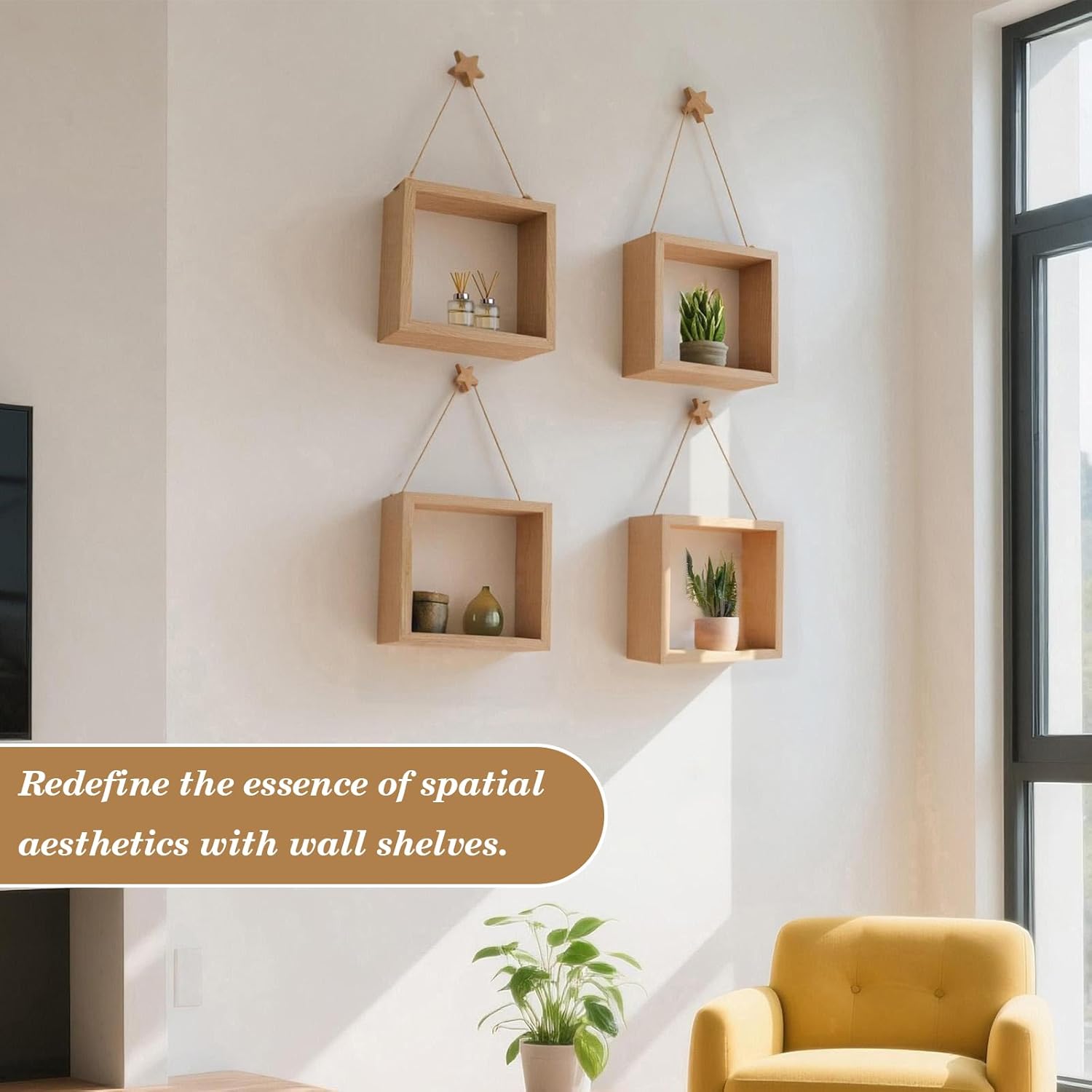 Square Floating Shelves Set of 2 - Natural Paulownia Wood