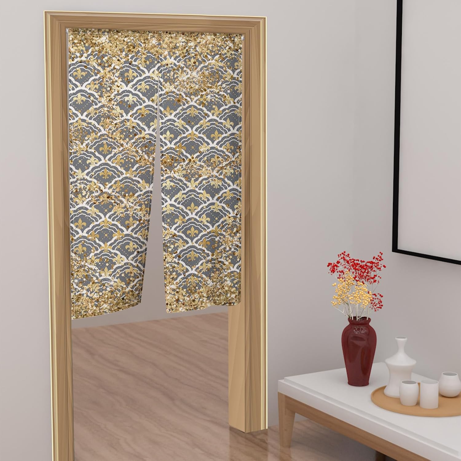 Traditional Japanese Noren Door Curtain with Gold Sequins
