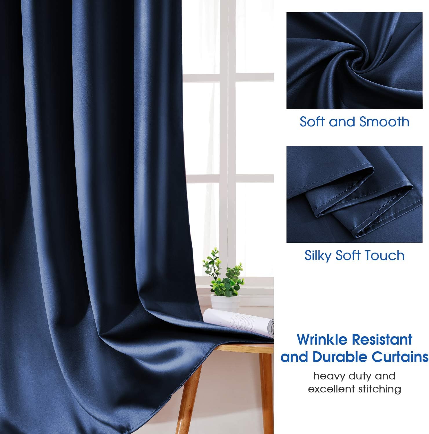 HOMEIDEAS 2 Panels Navy Blue Faux Silk Blackout Curtains 52x108 Inch