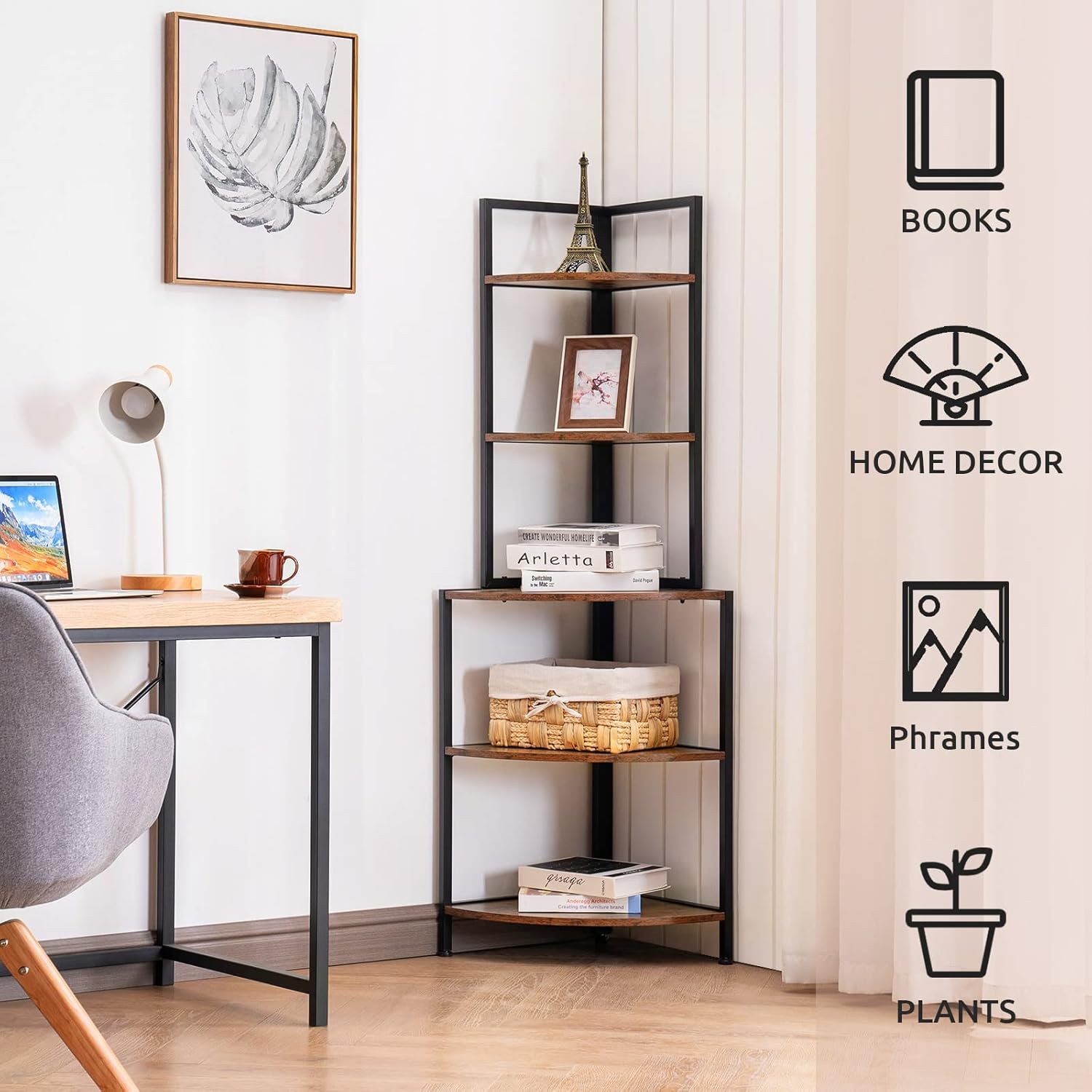 Apicizon 5 Tier Corner Shelf with Metal Frame