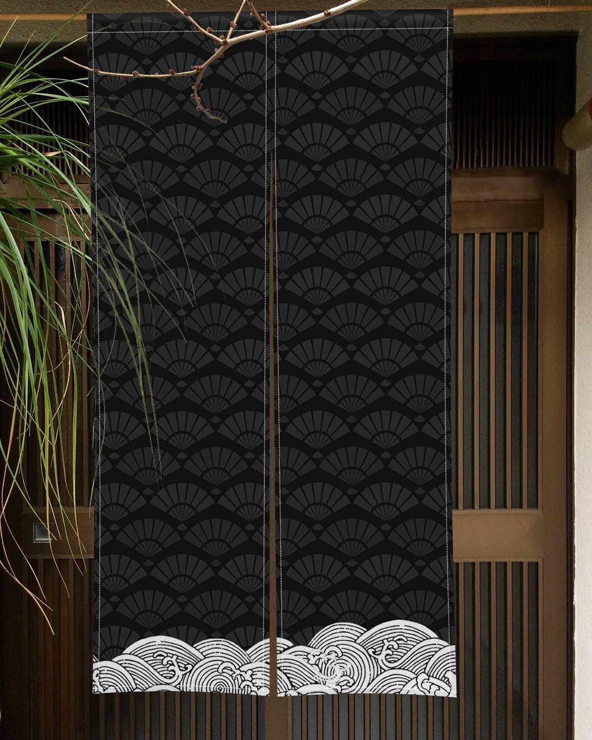 ChloropLastid Long Japanese Noren Curtain Black Beige Wave