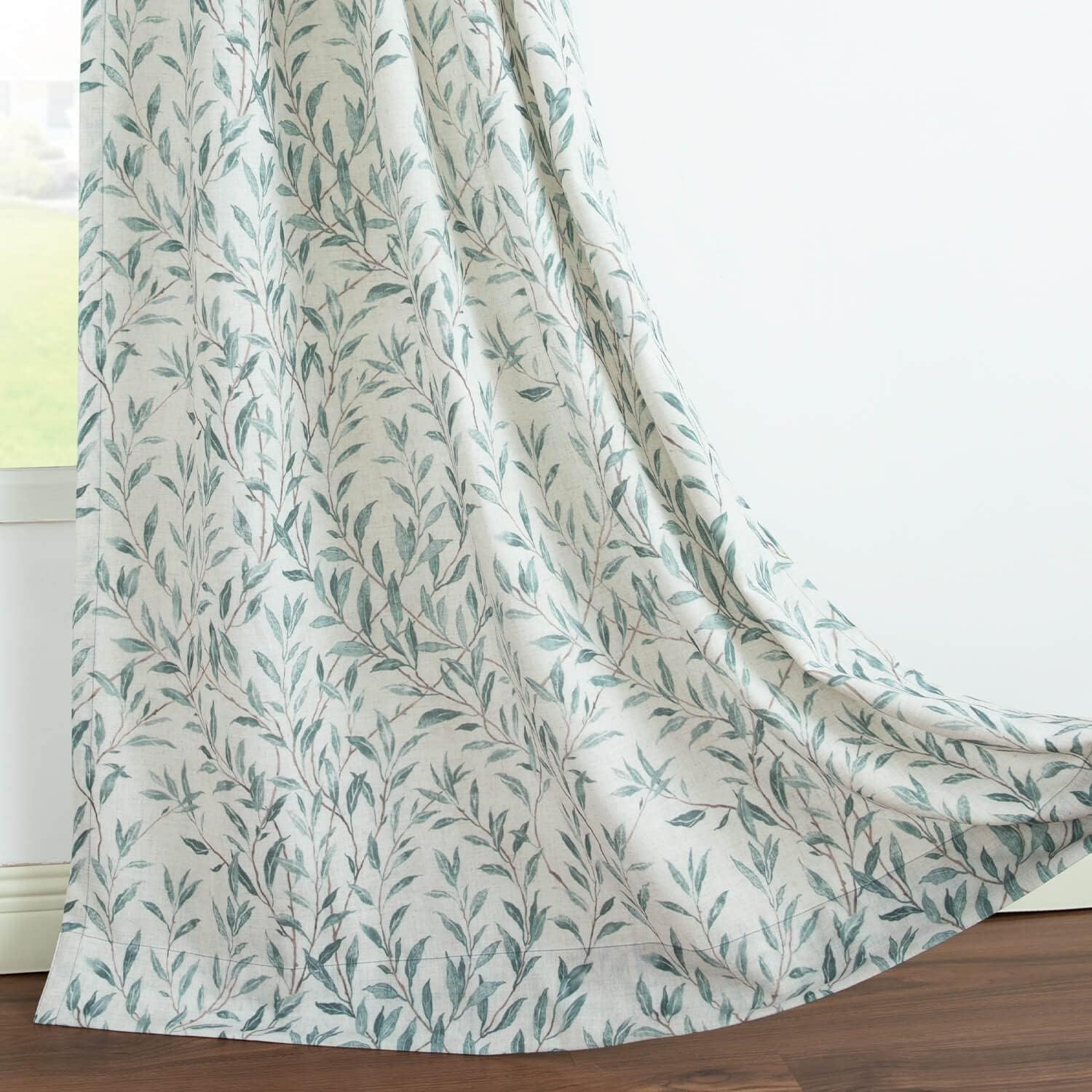 VOGOL Linen Textured Curtains with Leaves Print and Lace Border