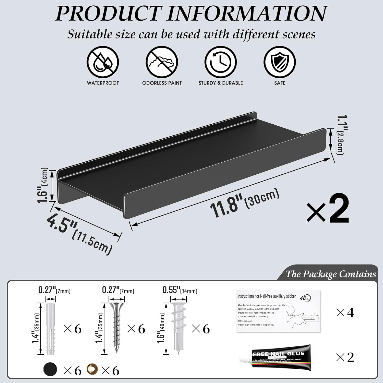 Danpoo Black Floating Metal Wall Shelf 12 Inch