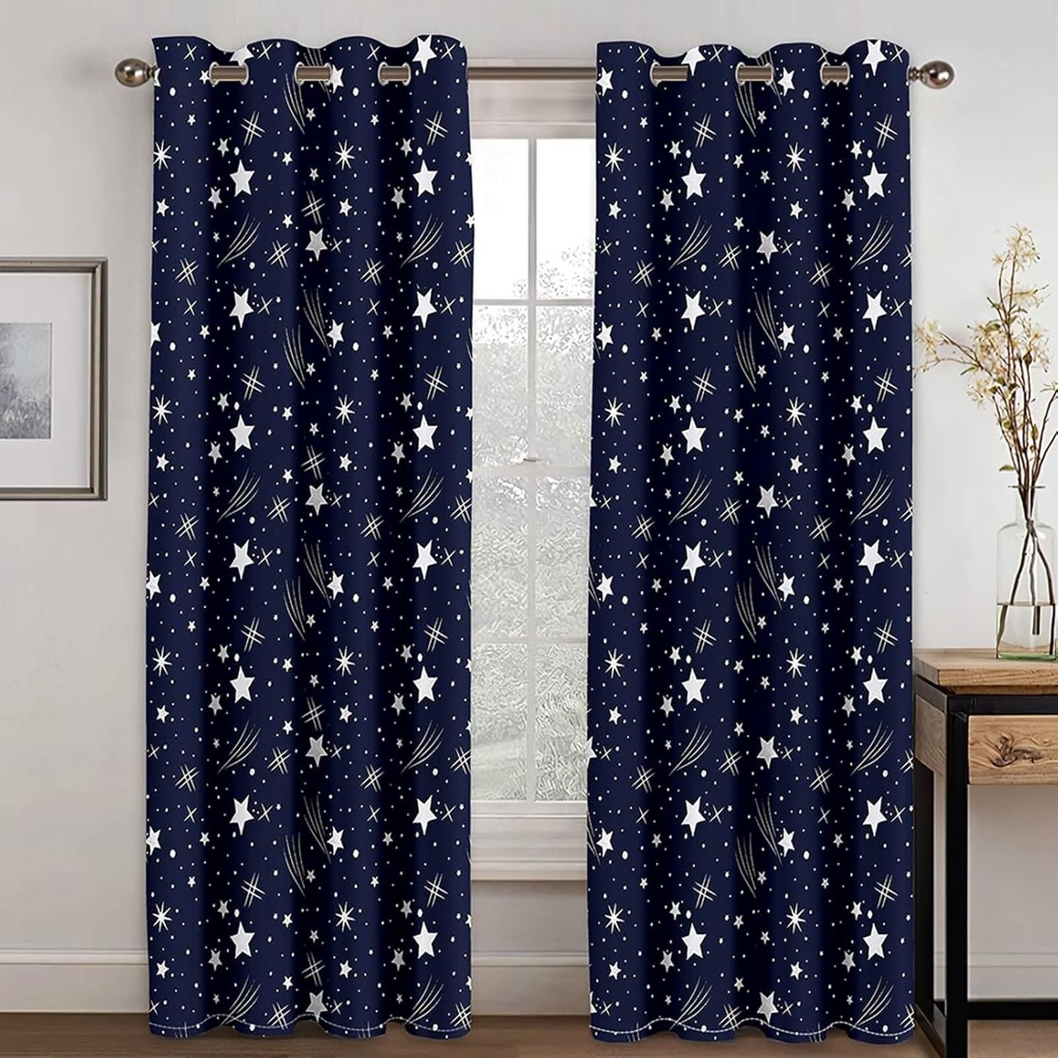 Homxi 2 Panel Balcony Curtains Blackout Navy Blue White Eyelet Starry Sky