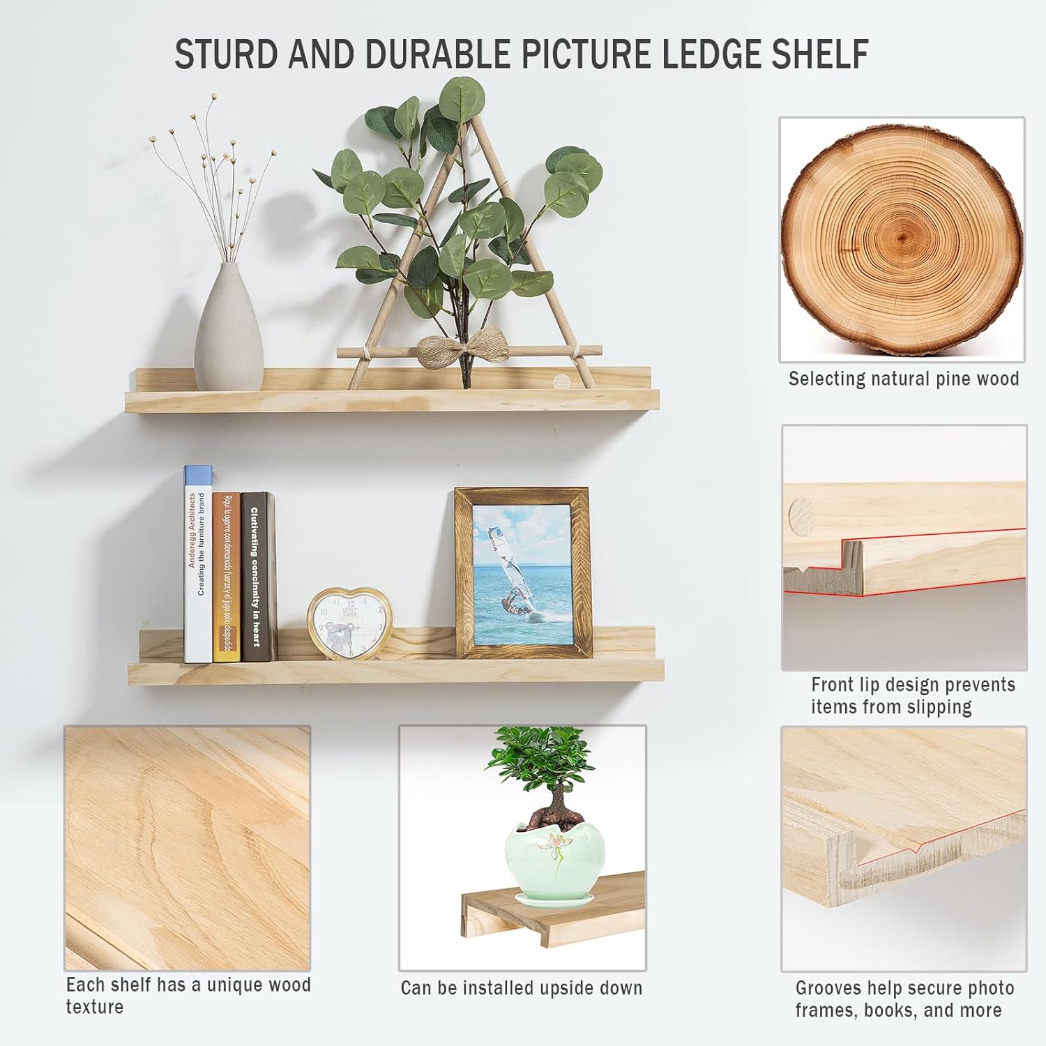 AZSKY Floating Shelves Set 2 Natural Wood Wall Mount Bookshelf