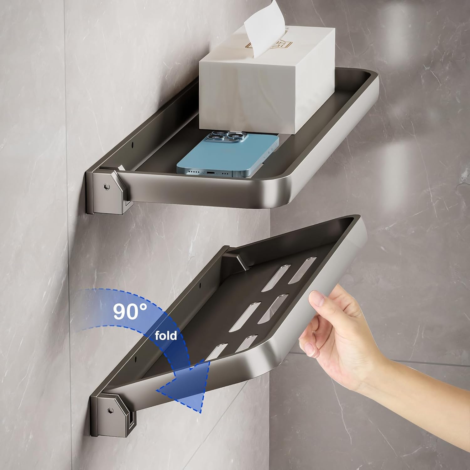2 Pack Dark Gray Aluminum Foldable Wall Mounted Floating Shelves Set