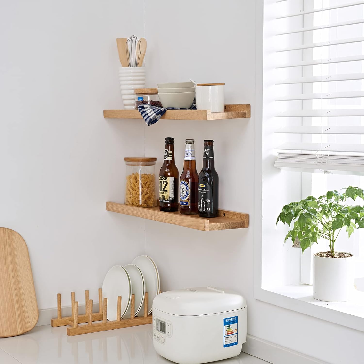 Natural Solid Oak Floating Wall Shelf 16 Inch