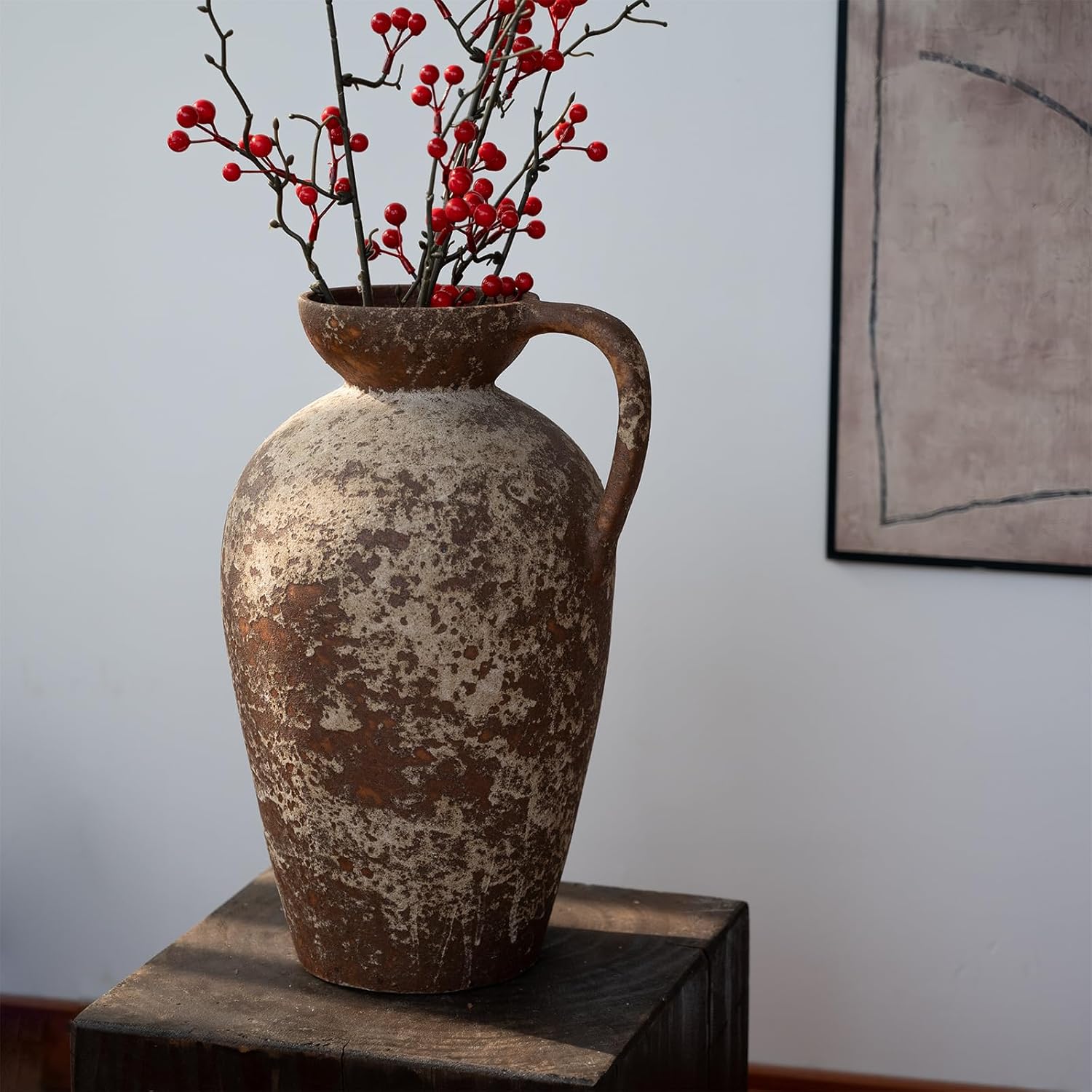 Brown Ceramic Rustic Farmhouse Vase with Handle