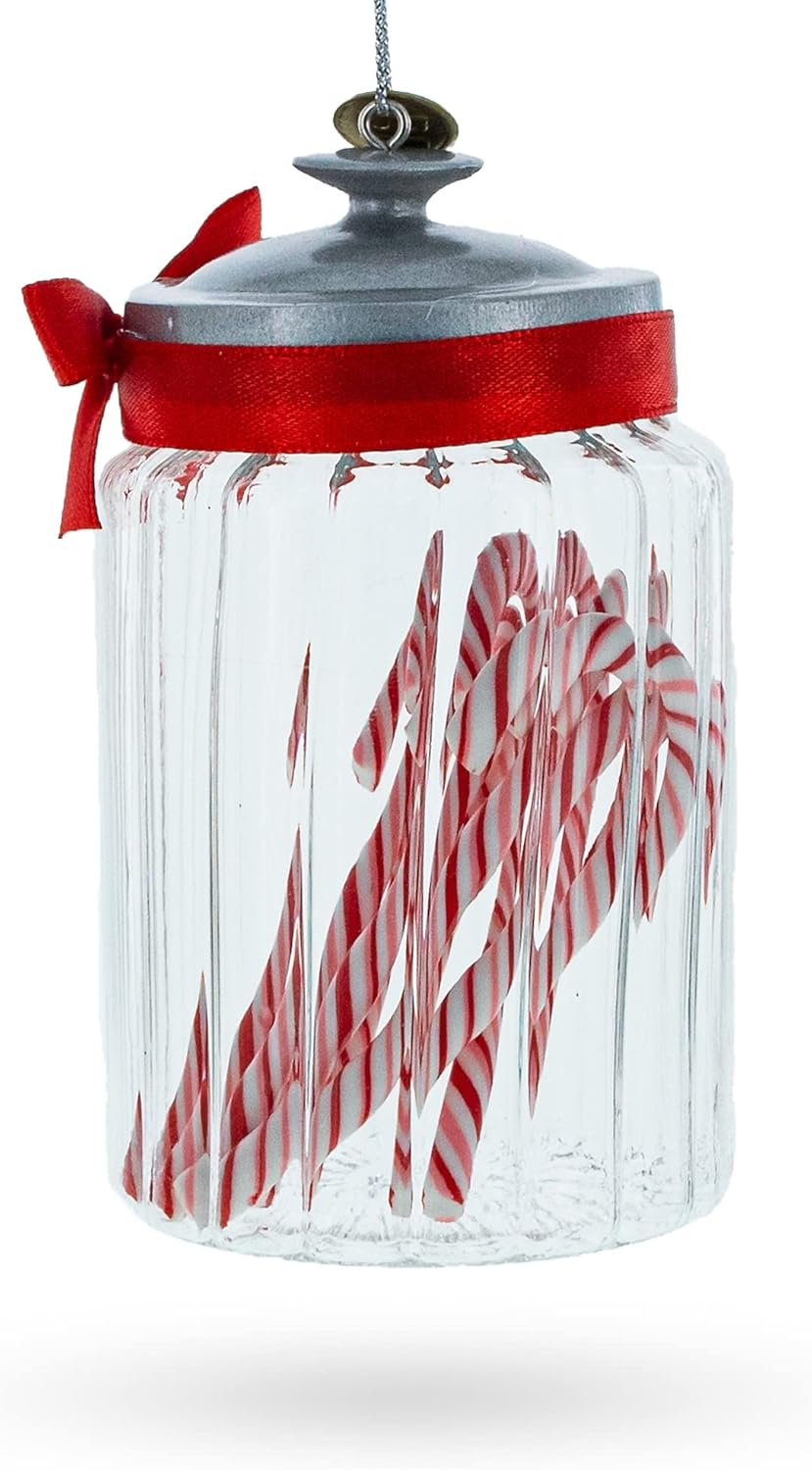 Festive Candy Cane Jar Glass Christmas Ornament