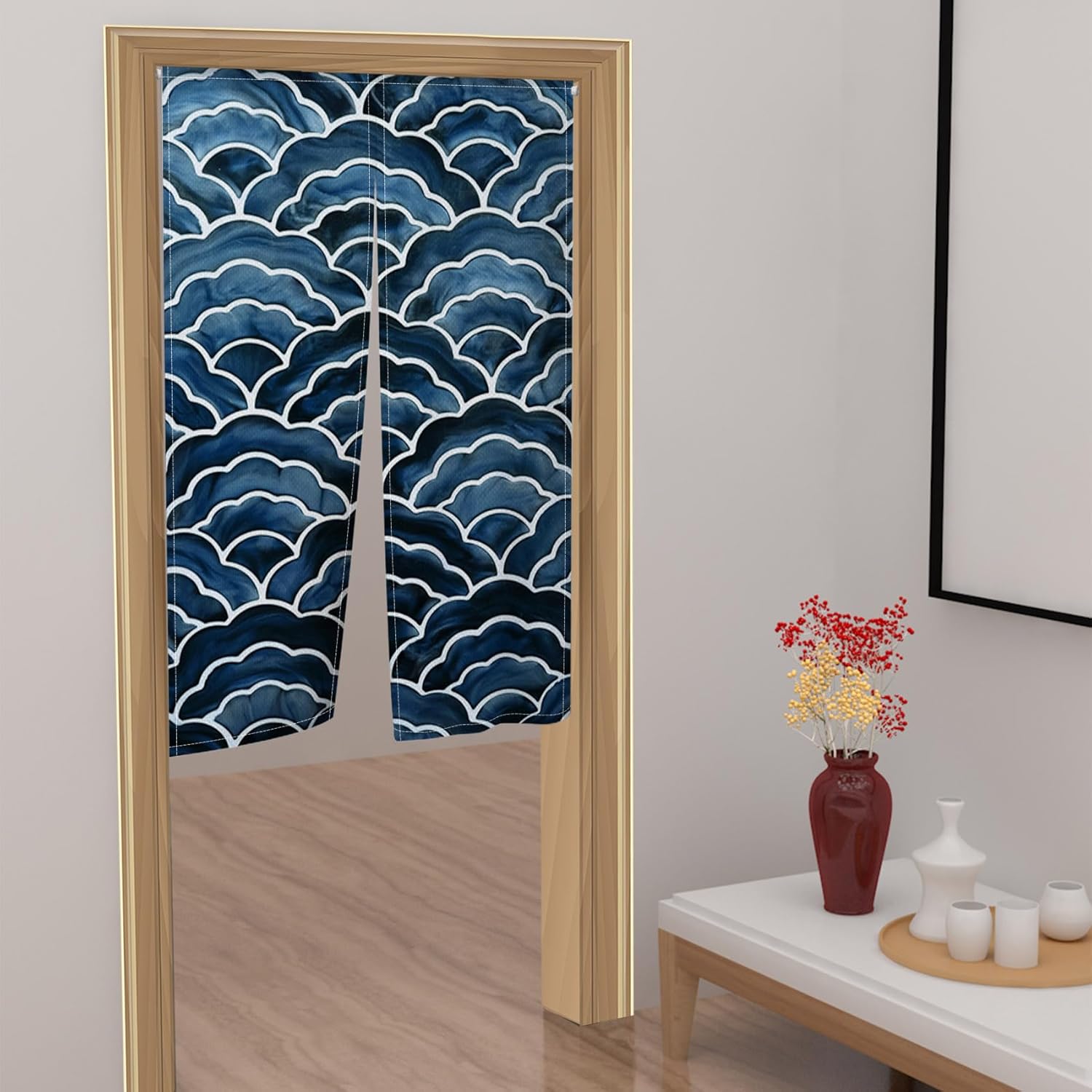 Dark Blue Noren Door Curtain with Wave Print