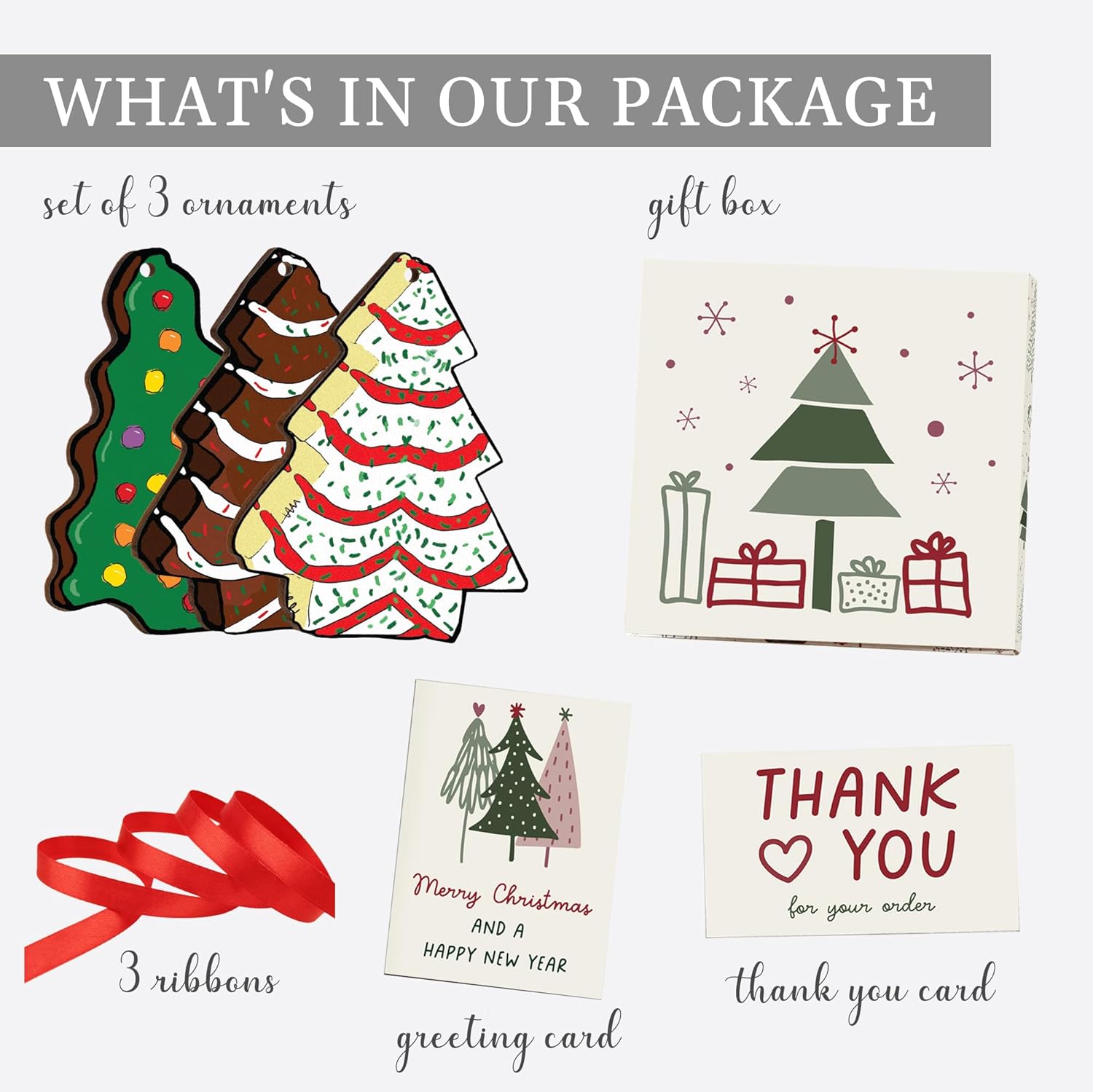Bobby Creativity 3pcs Farmhouse Christmas Tree Ornament with Sprinkles Frosting Cake