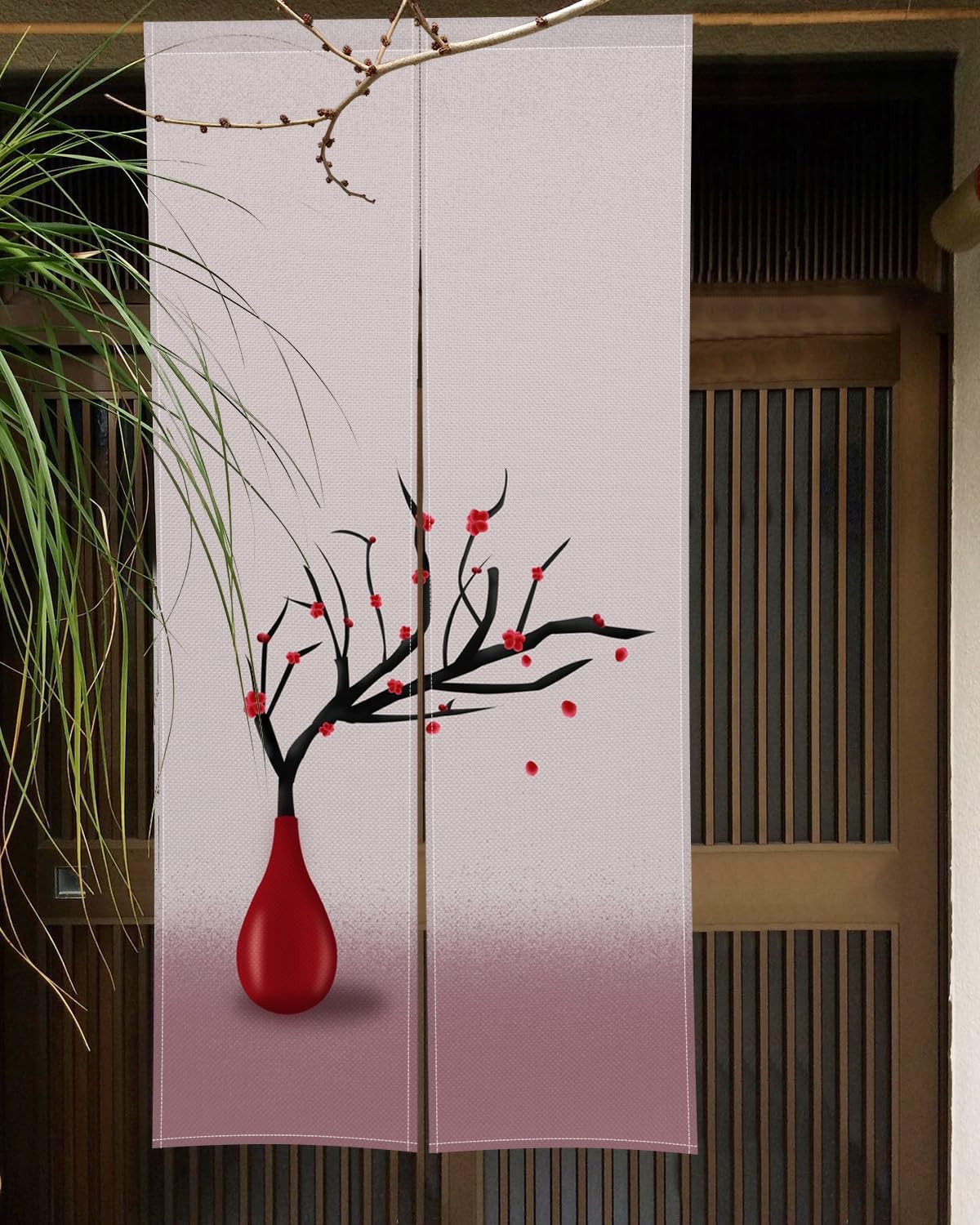 Red Plum in Vase Japanese Style Panel Door Curtain