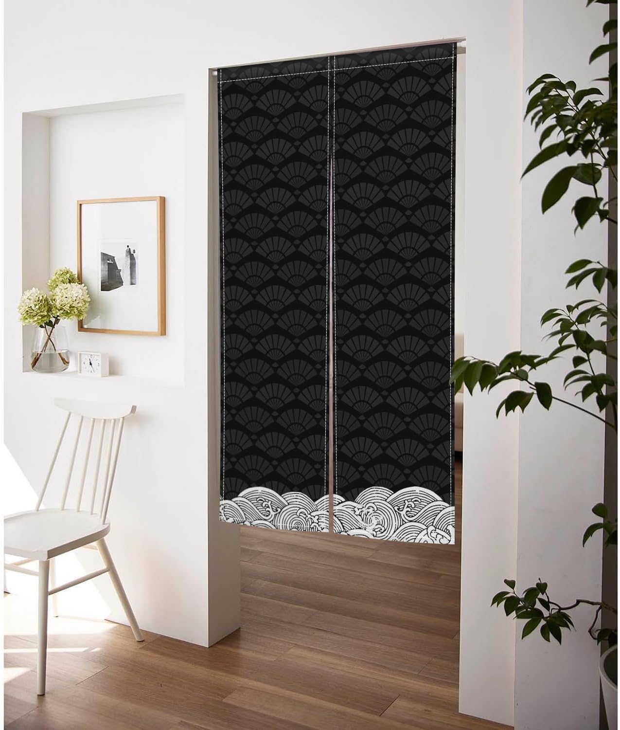 ChloropLastid Long Japanese Noren Curtain Black Beige Wave