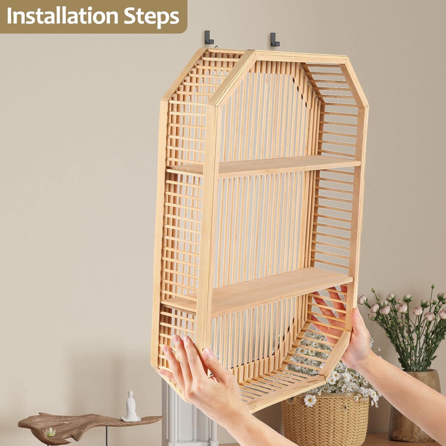 TOEEBR Square Floating Wall Shelf 2 Tier Bamboo Decor